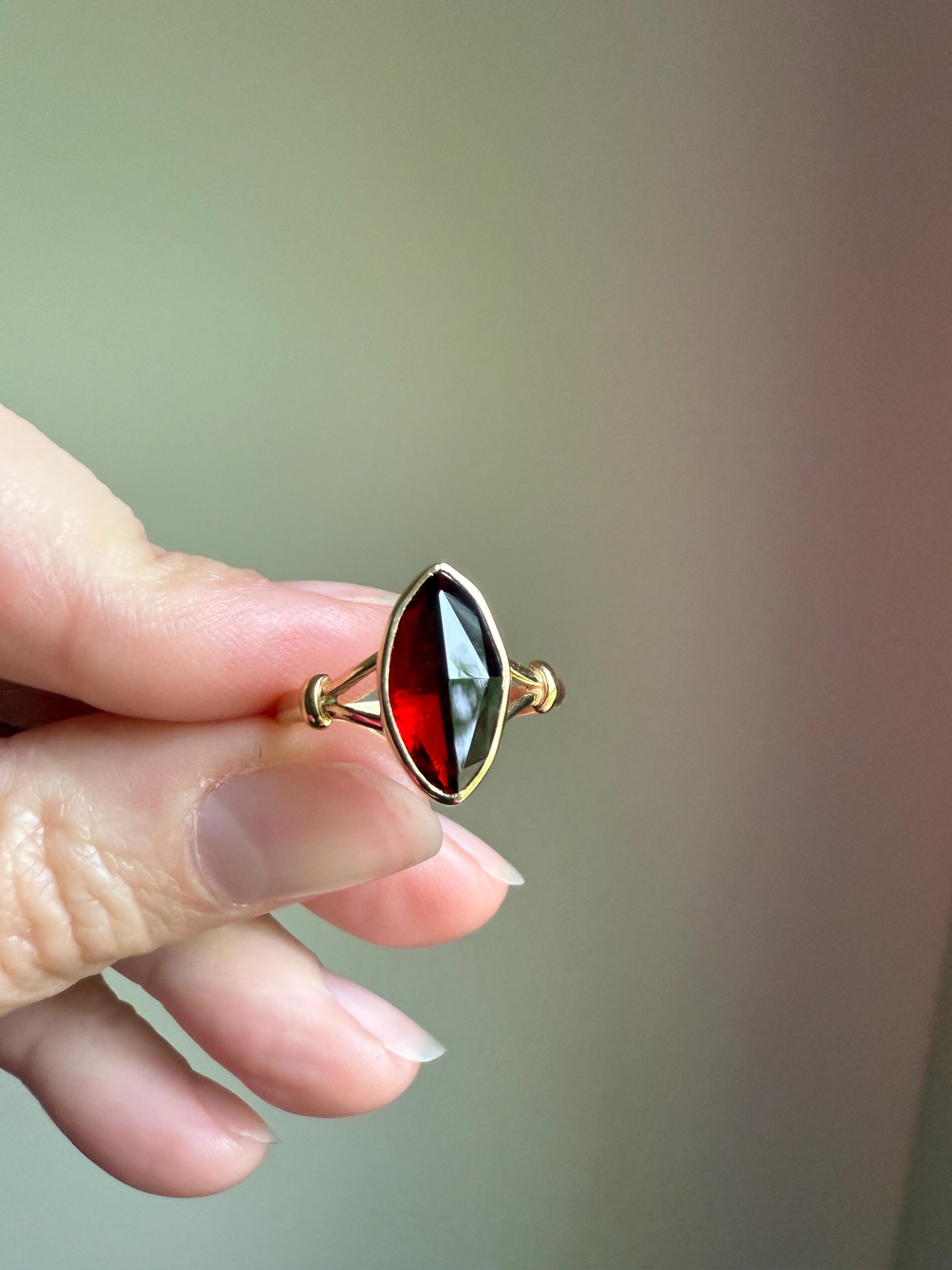 Marquise Perpignan GARNET Navette Ring French New! 18k Gold Crimson Light Reflective Foil Back Geometric Stacker Unique Romantic Gift