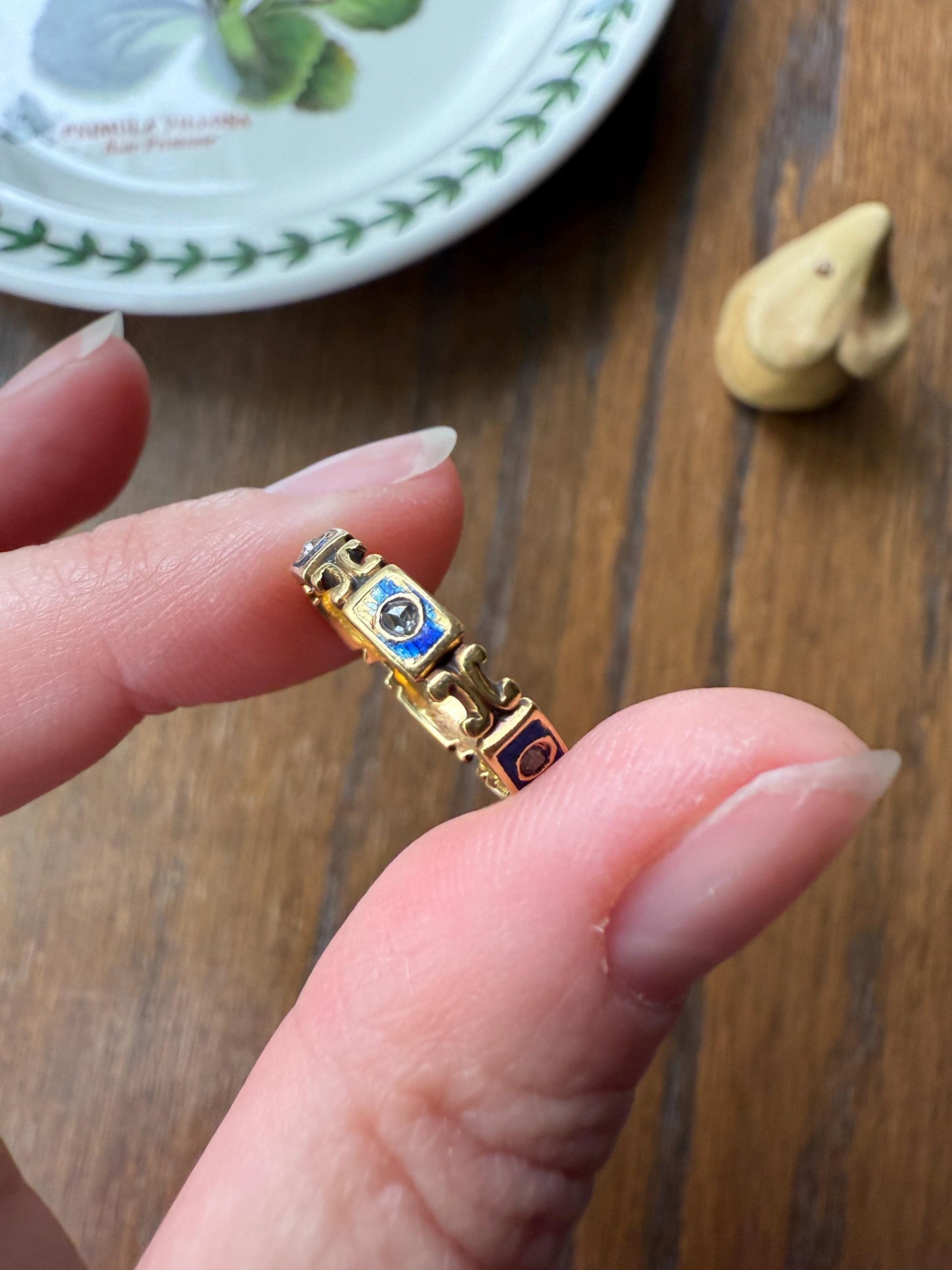 Ornate ANTIQUE Rose Cut DIAMOND Blue Enamel Eternity Wedding Band French Victorian Era Stacker Unique Cobalt Glitter Six Stone Romantic Gift