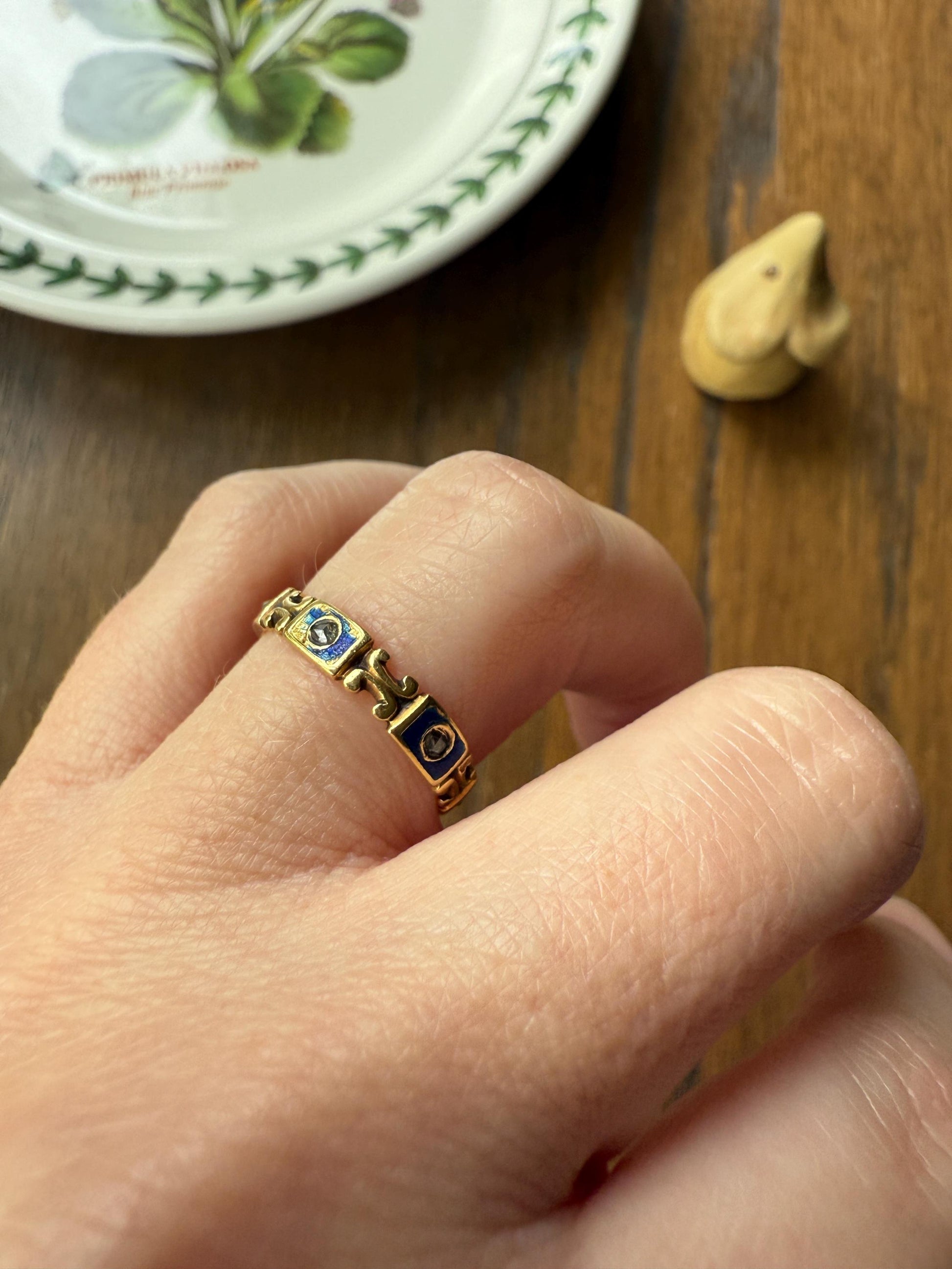 Ornate ANTIQUE Rose Cut DIAMOND Blue Enamel Eternity Wedding Band French Victorian Era Stacker Unique Cobalt Glitter Six Stone Romantic Gift