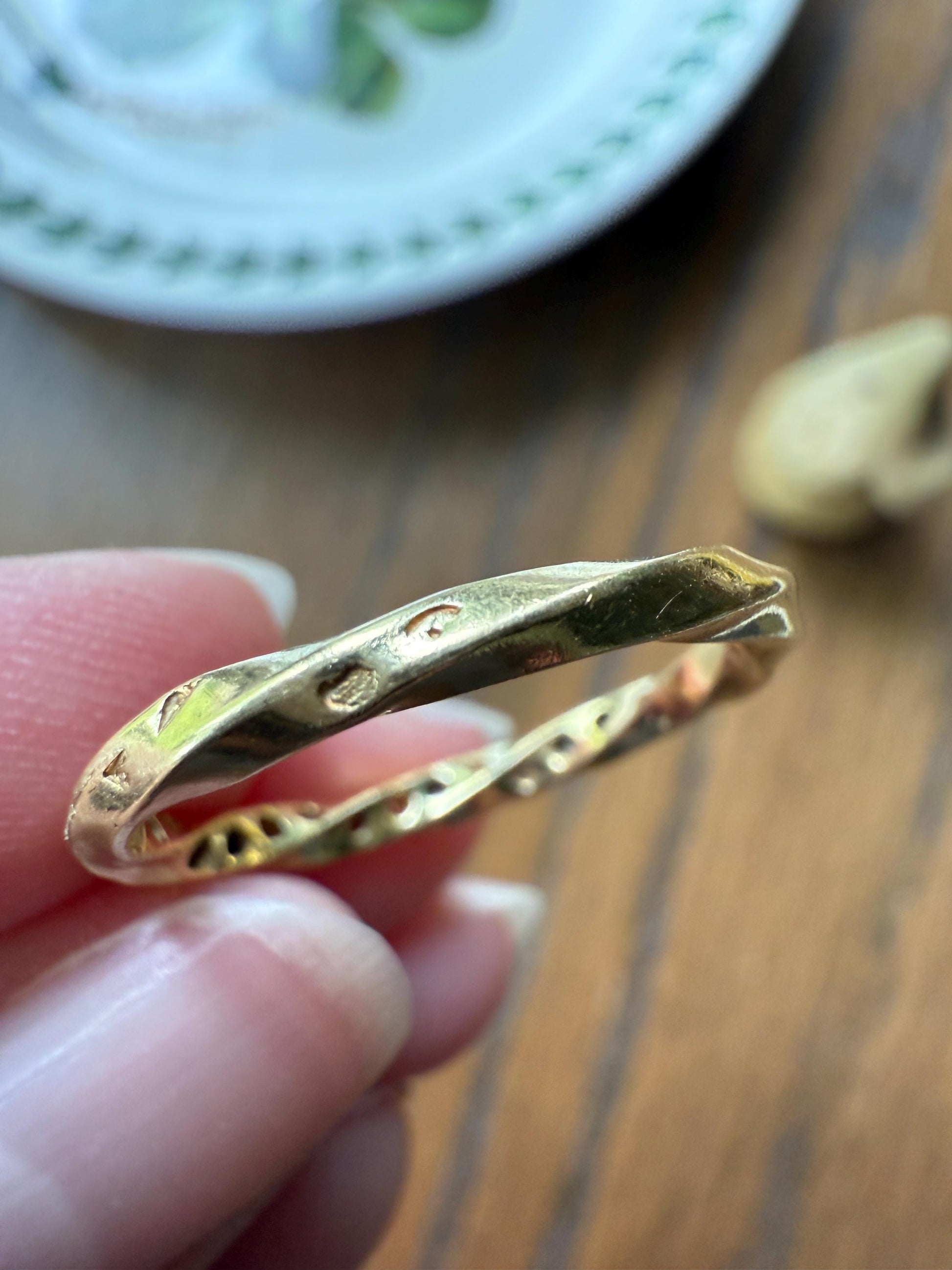 French Vintage 16 Diamond TWIST 18k Gold Ring Stackable Torsade Beveled Donut Skinny BAND Gem Encrusted Half Hoop Romantic Gift