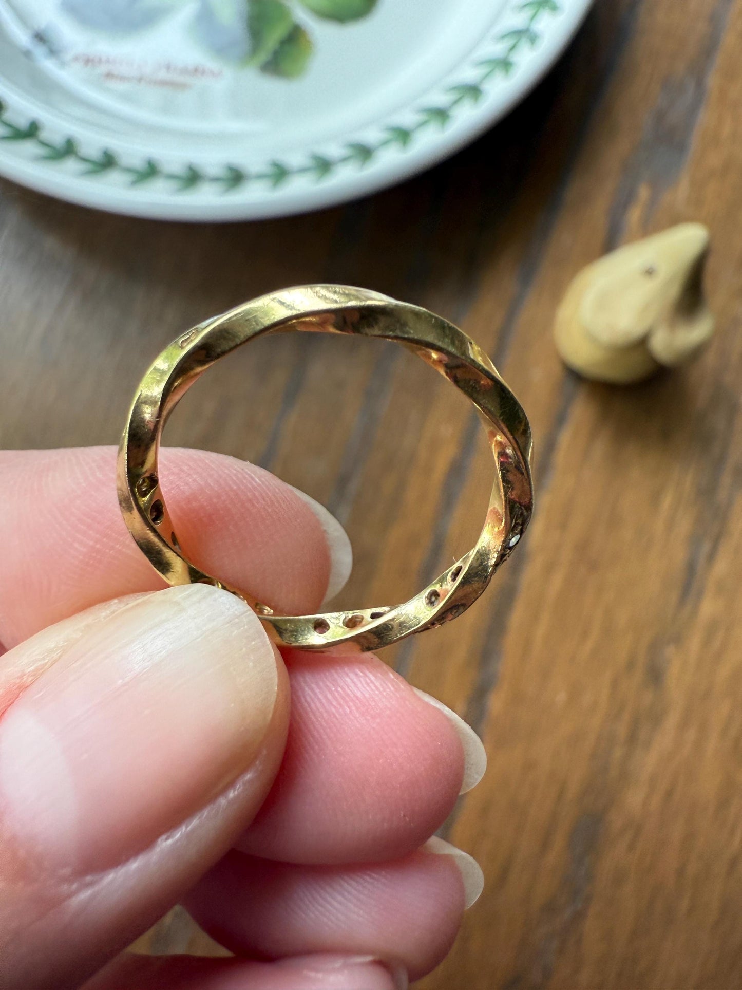 French Vintage 16 Diamond TWIST 18k Gold Ring Stackable Torsade Beveled Donut Skinny BAND Gem Encrusted Half Hoop Romantic Gift