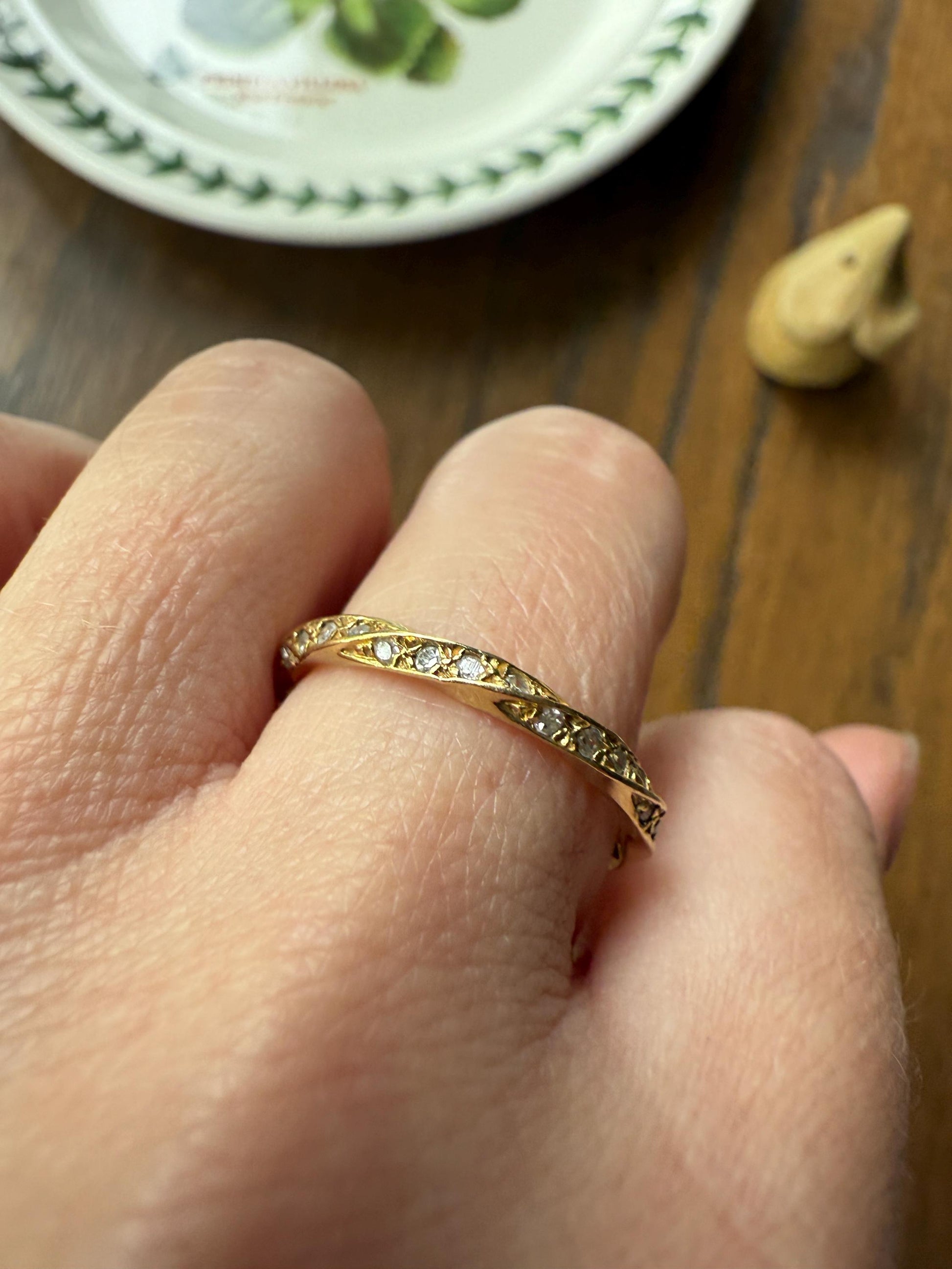 French Vintage 16 Diamond TWIST 18k Gold Ring Stackable Torsade Beveled Donut Skinny BAND Gem Encrusted Half Hoop Romantic Gift
