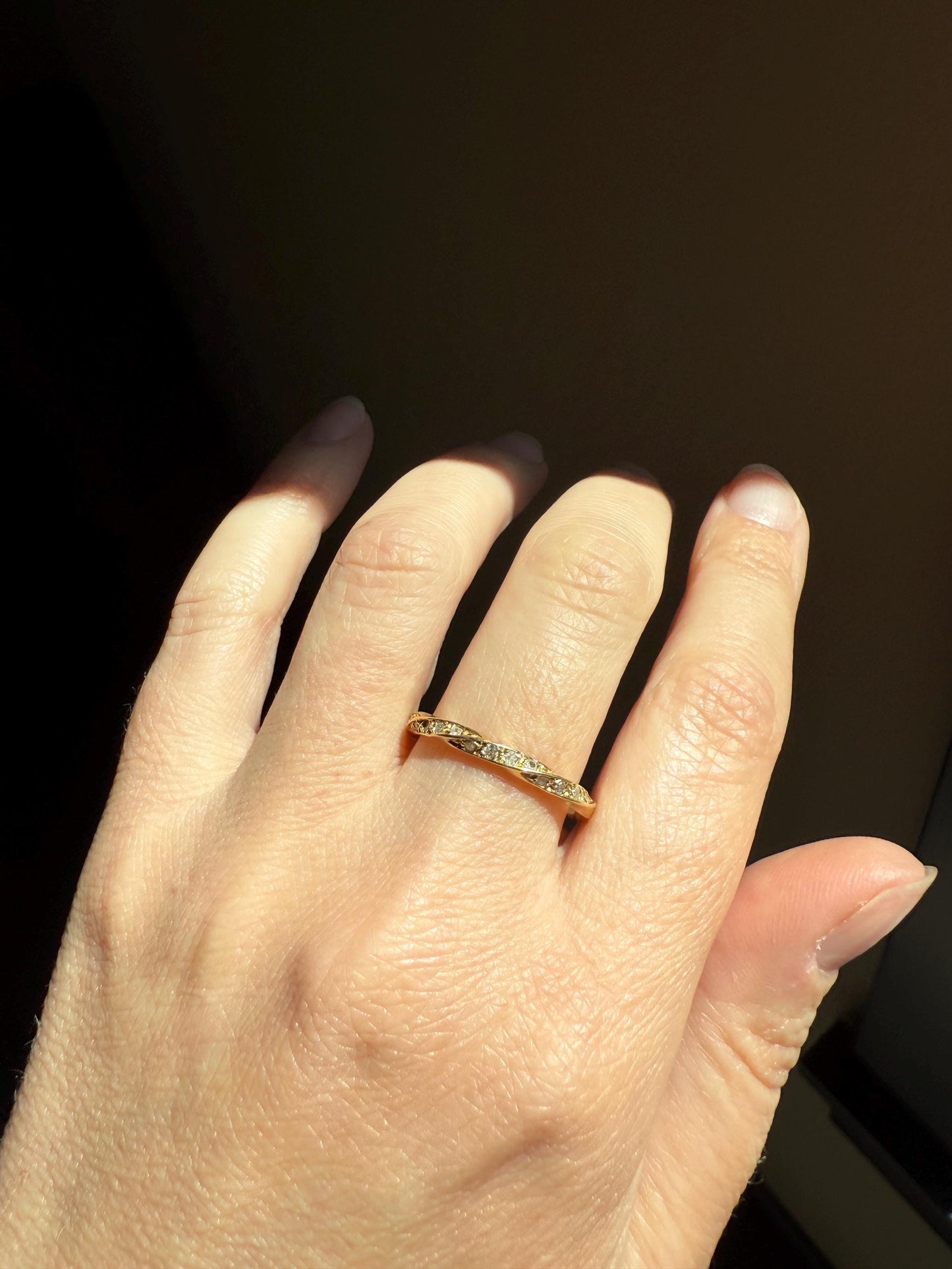 French Vintage 16 Diamond TWIST 18k Gold Ring Stackable Torsade Beveled Donut Skinny BAND Gem Encrusted Half Hoop Romantic Gift