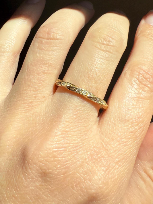 French Vintage 16 Diamond TWIST 18k Gold Ring Stackable Torsade Beveled Donut Skinny BAND Gem Encrusted Half Hoop