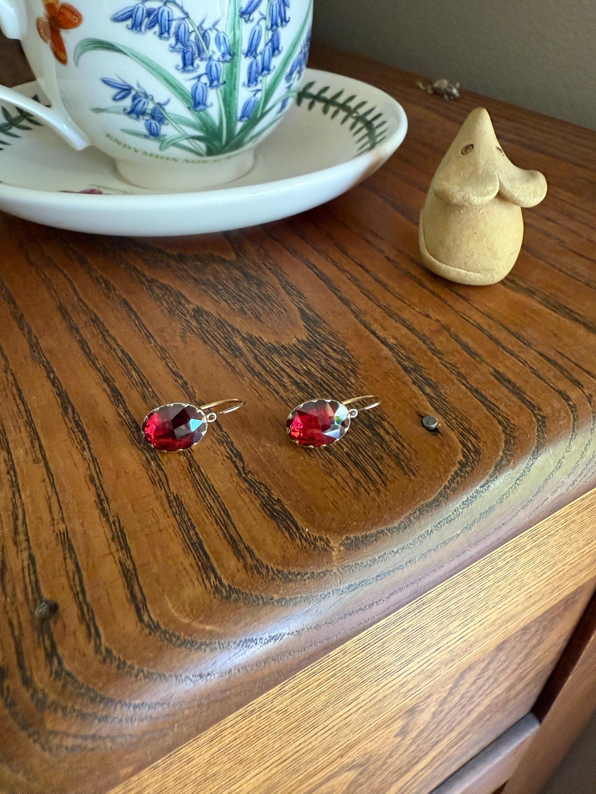 Dormeuse Antique PERPIGNAN GARNET Earrings 18k Gold Rose Cut Original Victorian Closed Back Almandine Glowing Crimson Berry Pinkish Red
