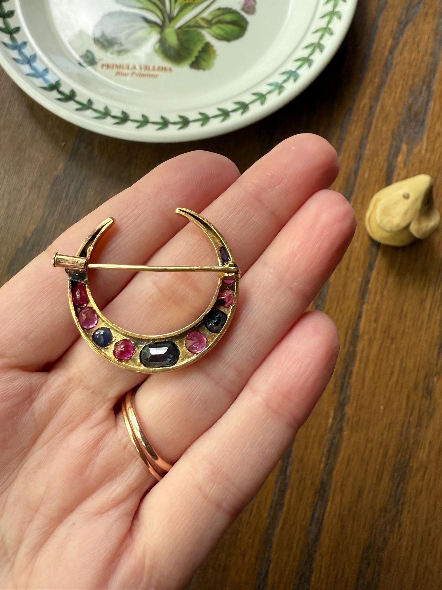 MOON Alternating Pink & Blue SAPPHIRE French Victorian ANTIQUE Pin Brooch for Pendant Romantic Gift Victorian Belle Epoque Figural Ruby