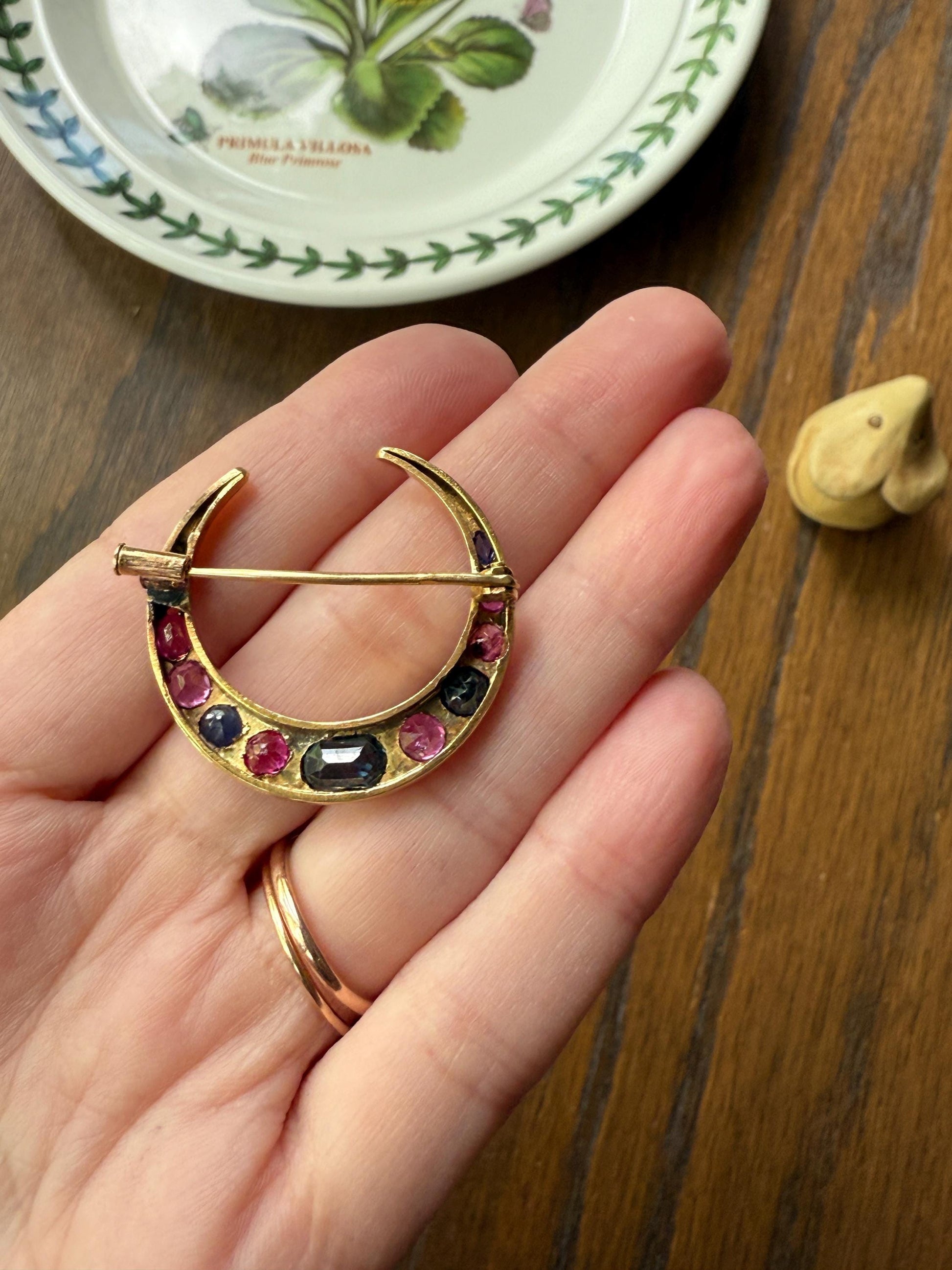 MOON Alternating Pink & Blue SAPPHIRE French Victorian ANTIQUE Pin Brooch for Pendant Romantic Gift Victorian Belle Epoque Figural Ruby