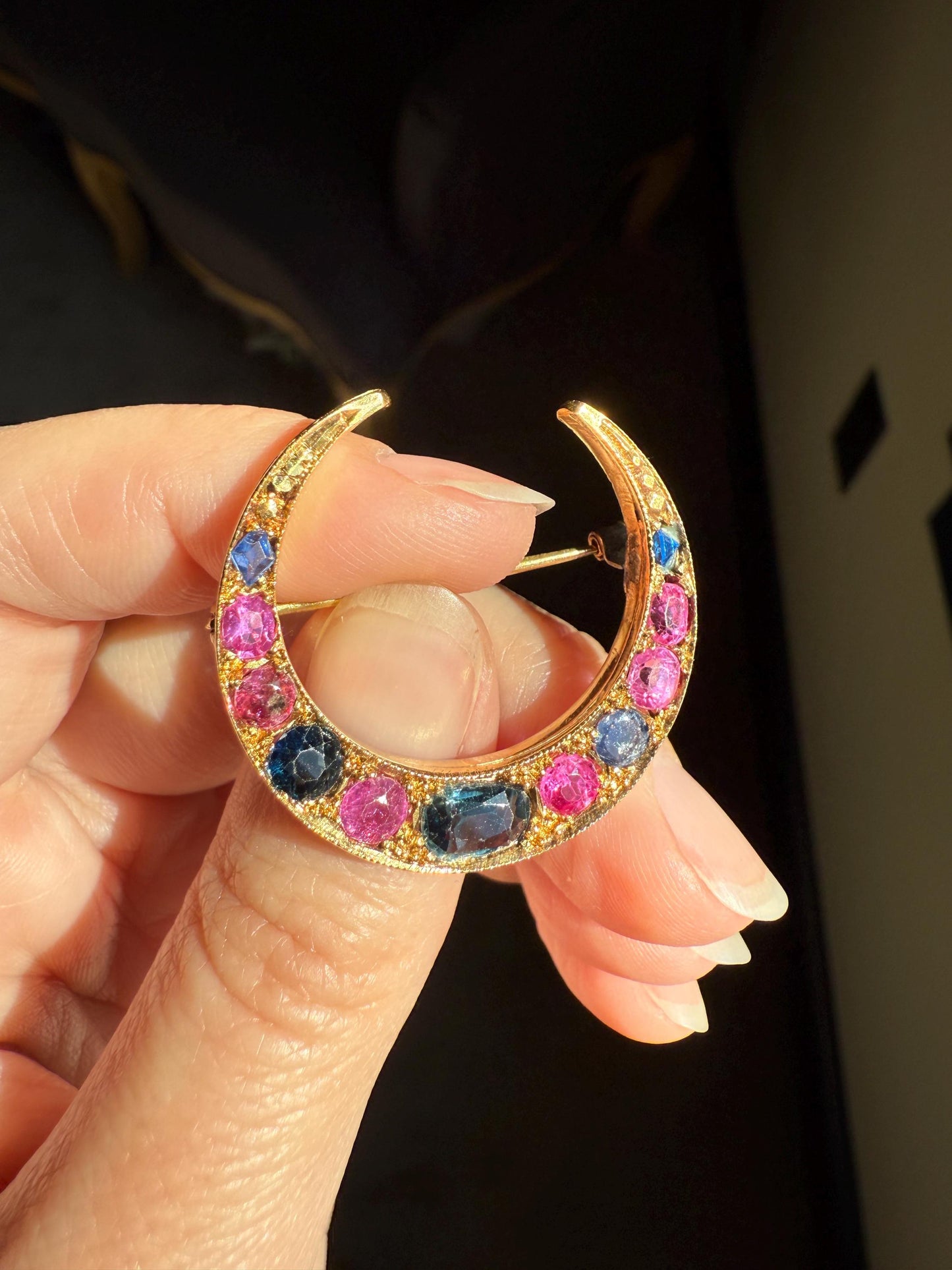 MOON Alternating Pink & Blue SAPPHIRE French Victorian ANTIQUE Pin Brooch for Pendant Romantic Gift Victorian Belle Epoque Figural Ruby