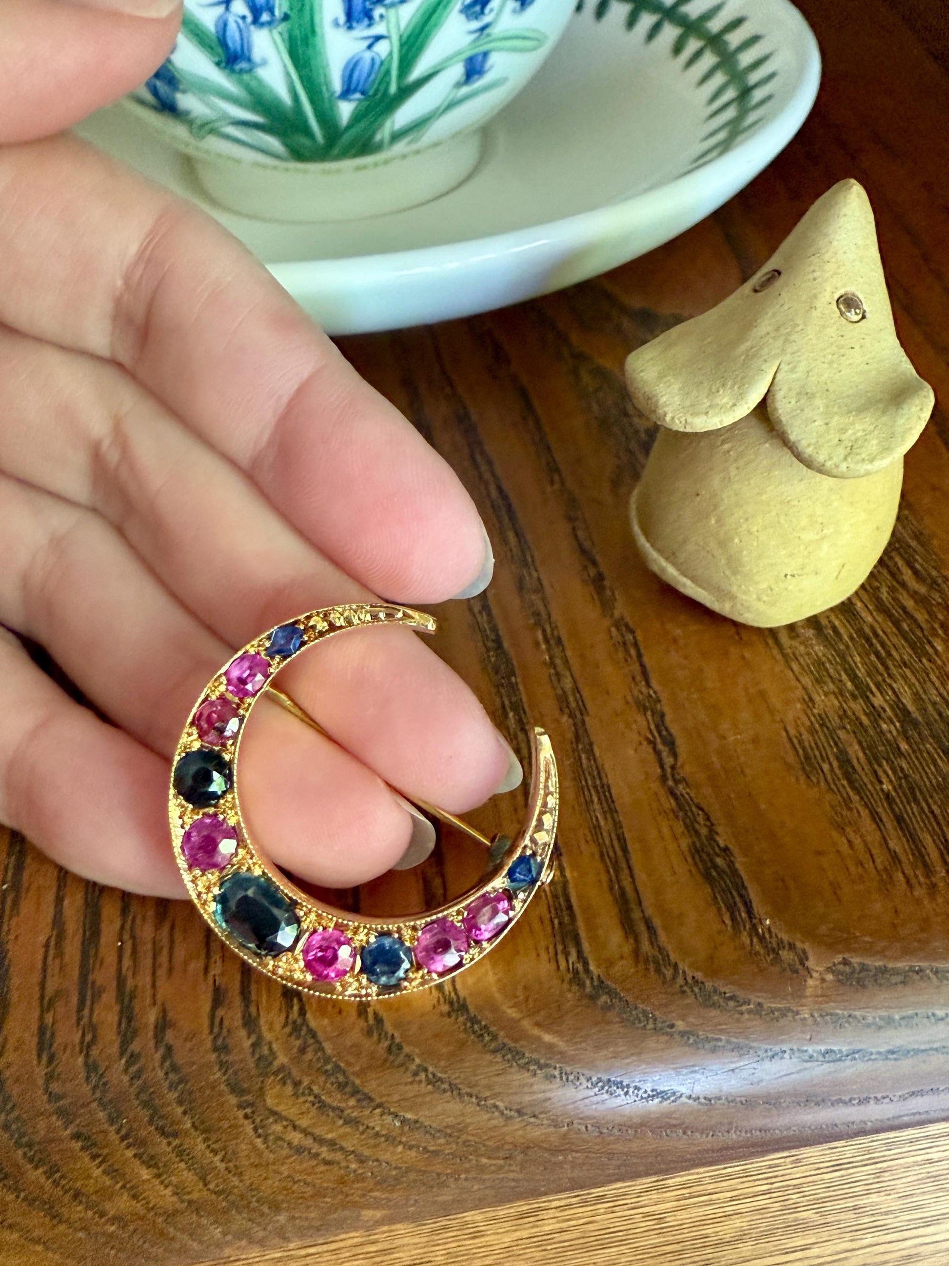 MOON Alternating Pink & Blue SAPPHIRE French Victorian ANTIQUE Pin Brooch for Pendant Romantic Gift Victorian Belle Epoque Figural Ruby