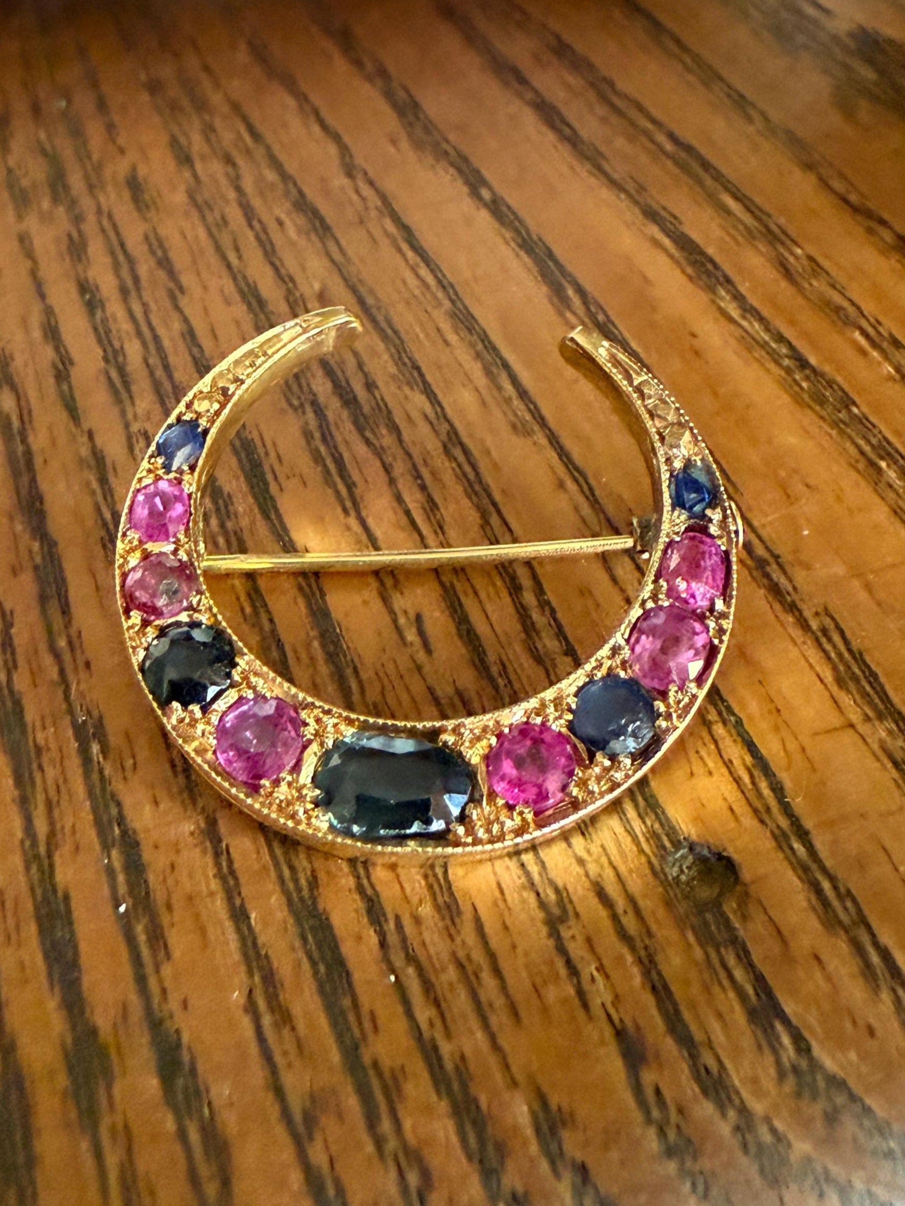 MOON Alternating Pink & Blue SAPPHIRE French Victorian ANTIQUE Pin Brooch for Pendant Romantic Gift Victorian Belle Epoque Figural Ruby