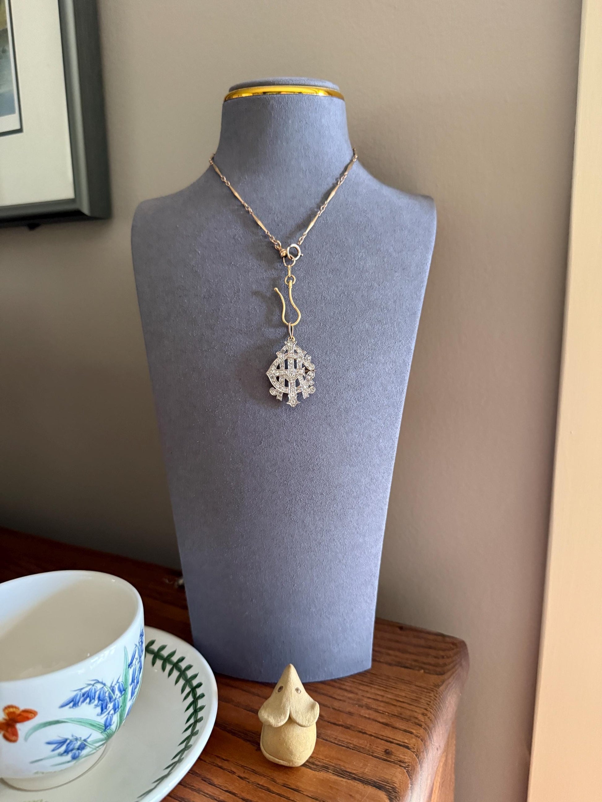 AEI Amity Eternity Infinity Antique 2.5 Carat Old Mine Rose Cut Diamond Initial XL Pendant Heavy Figural 14k Gold Platinum 3D Letter 2.5Ct