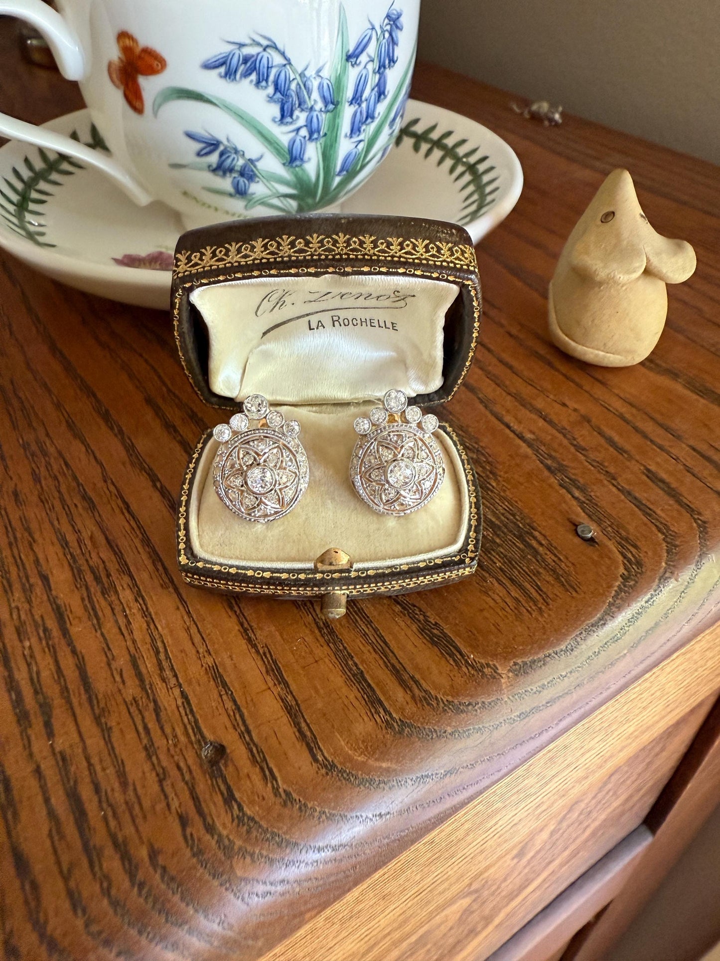 Crowned Circle Earrings Large Studs Antique 2.5 Carat Old Mine Rose Cut DIAMOND Cluster 18k Gold Halo Floral Star Rare 2.5Ct OmC Bridal