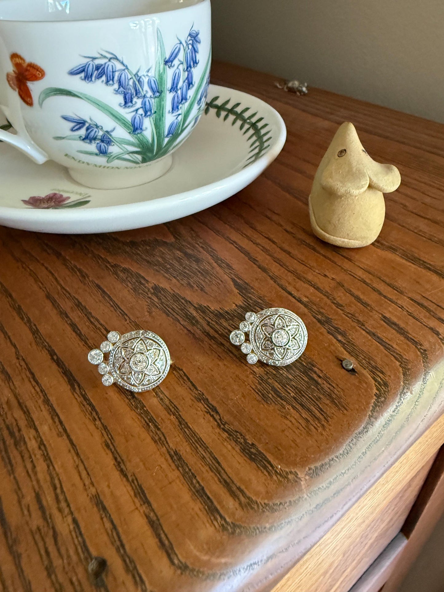 Crowned Circle Earrings Large Studs Antique 2.5 Carat Old Mine Rose Cut DIAMOND Cluster 18k Gold Halo Floral Star Rare 2.5Ct OmC Bridal