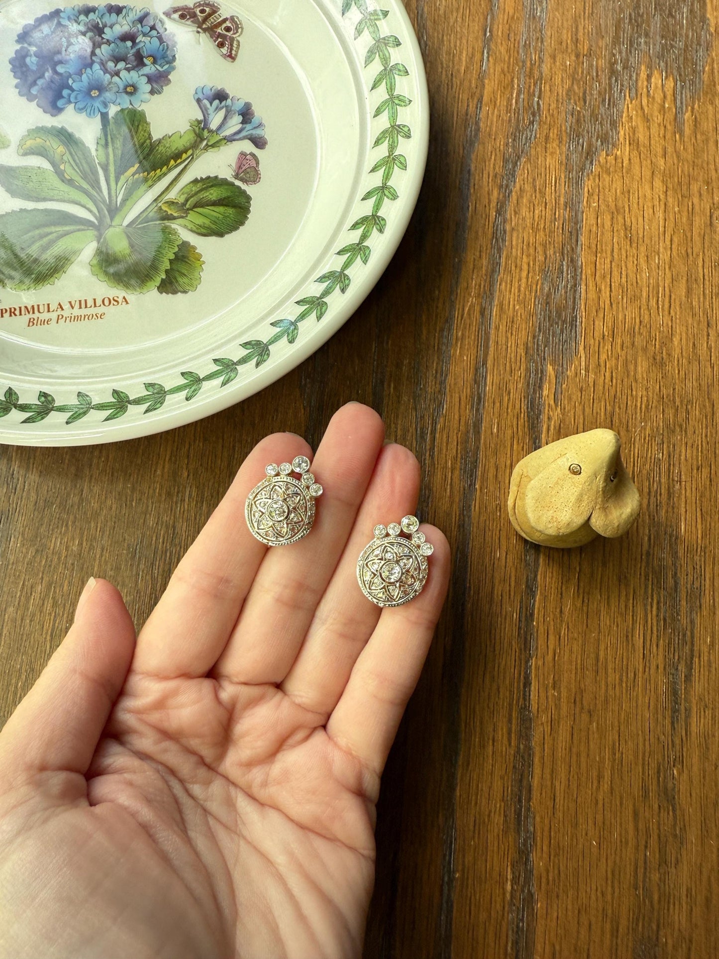 Crowned Circle Earrings Large Studs Antique 2.5 Carat Old Mine Rose Cut DIAMOND Cluster 18k Gold Halo Floral Star Rare 2.5Ct OmC Bridal