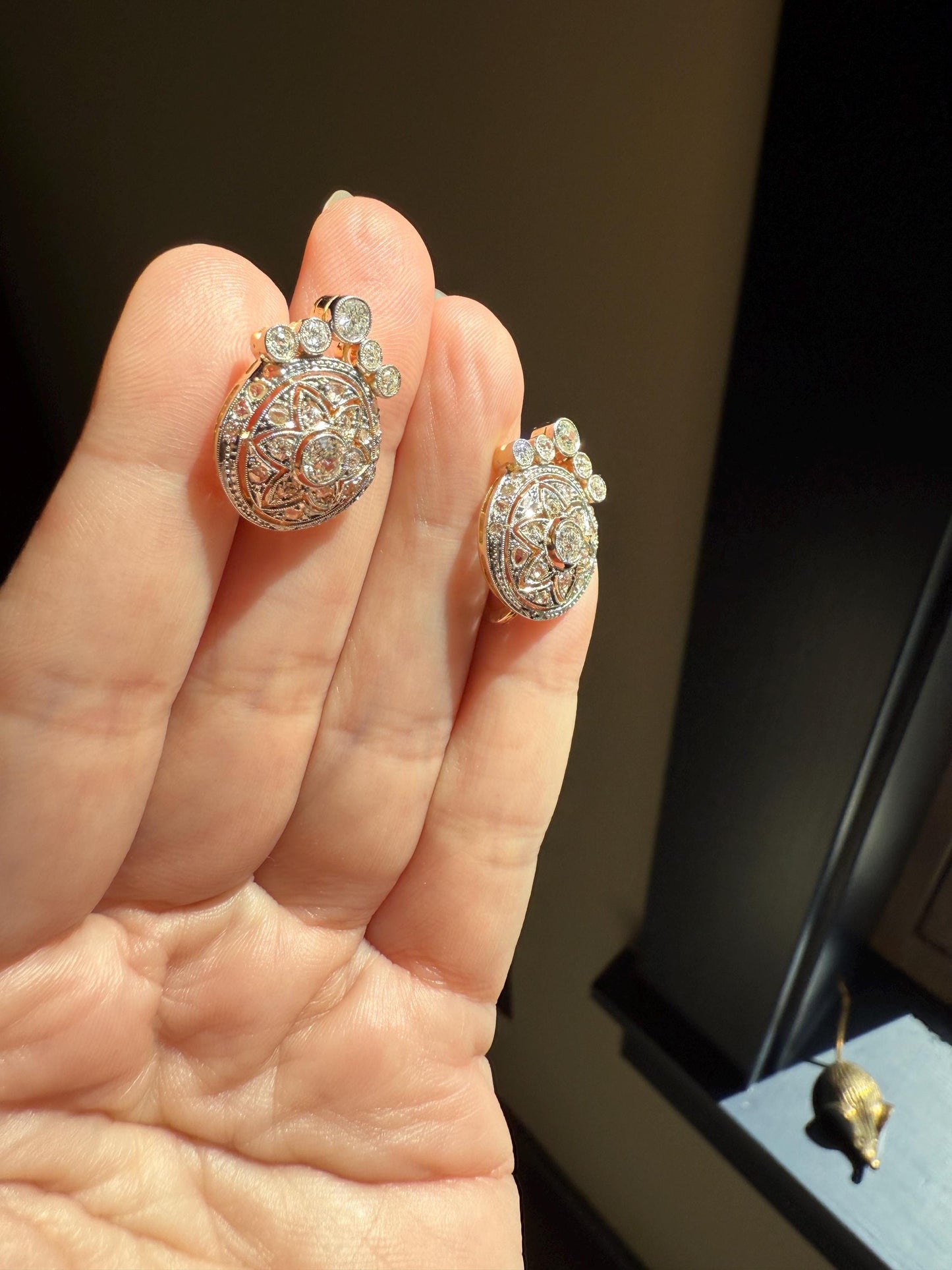 Crowned Circle Earrings Large Studs Antique 2.5 Carat Old Mine Rose Cut DIAMOND Cluster 18k Gold Halo Floral Star Rare 2.5Ct OmC Bridal