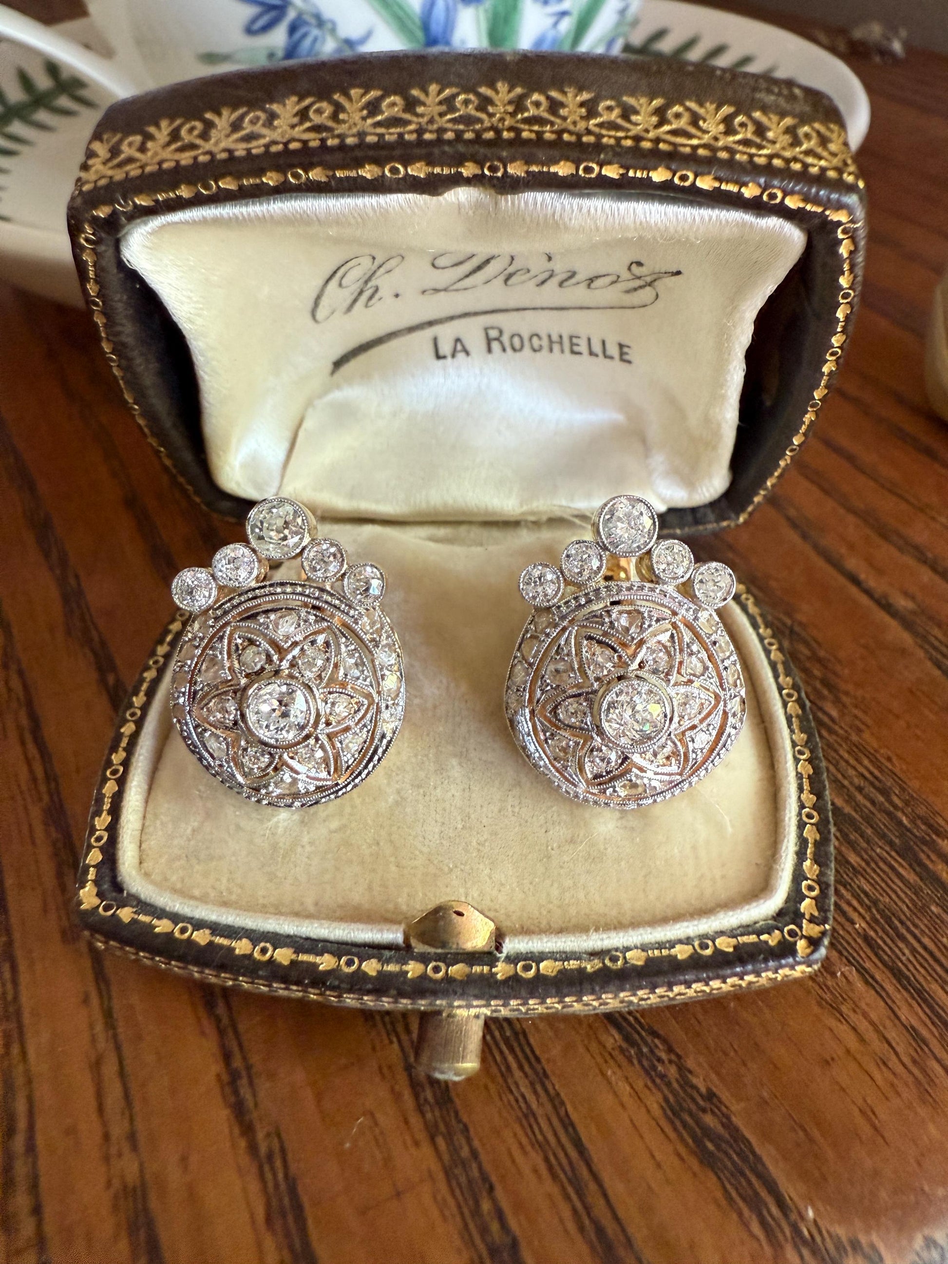 Crowned Circle Earrings Large Studs Antique 2.5 Carat Old Mine Rose Cut DIAMOND Cluster 18k Gold Halo Floral Star Rare 2.5Ct OmC Bridal