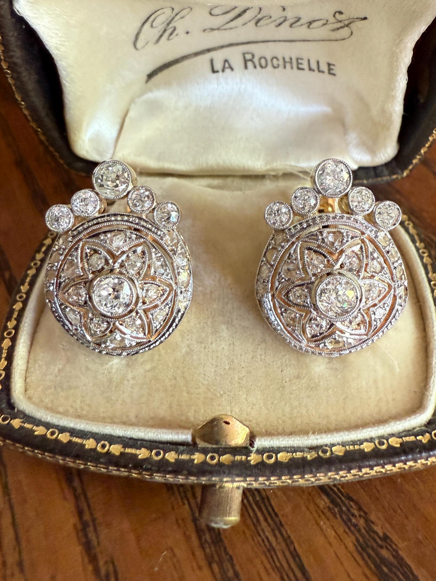 Crowned Circle Earrings Large Studs Antique 2.5 Carat Old Mine Rose Cut DIAMOND Cluster 18k Gold Halo Floral Star