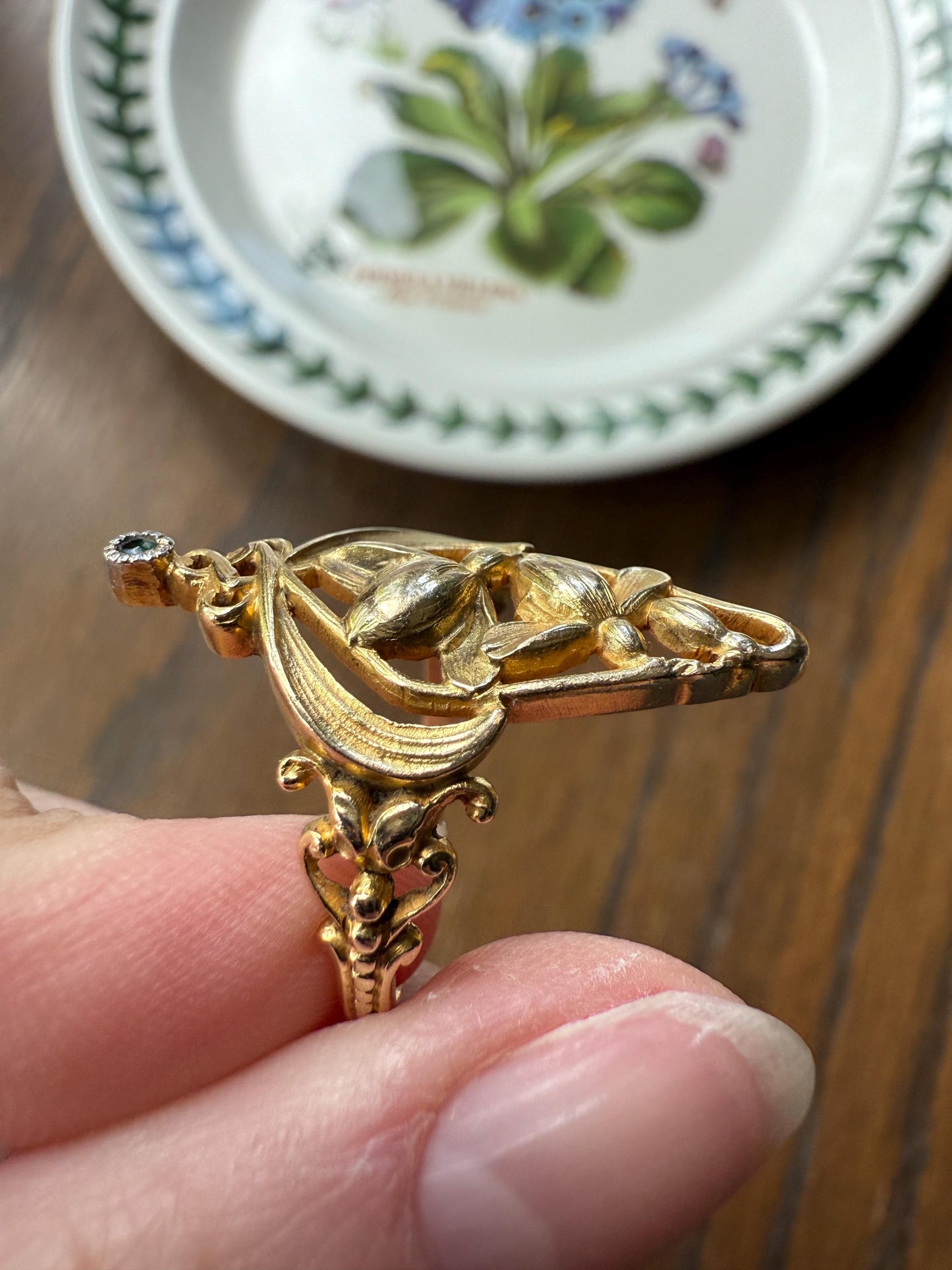 Delicious Floral French Art NOUVEAU Antique Belle Epoque Rose SWIRL Whiplash 18k Gold Ring Snowdrops Crocus Cyclamen Large 1.1" Love Gift