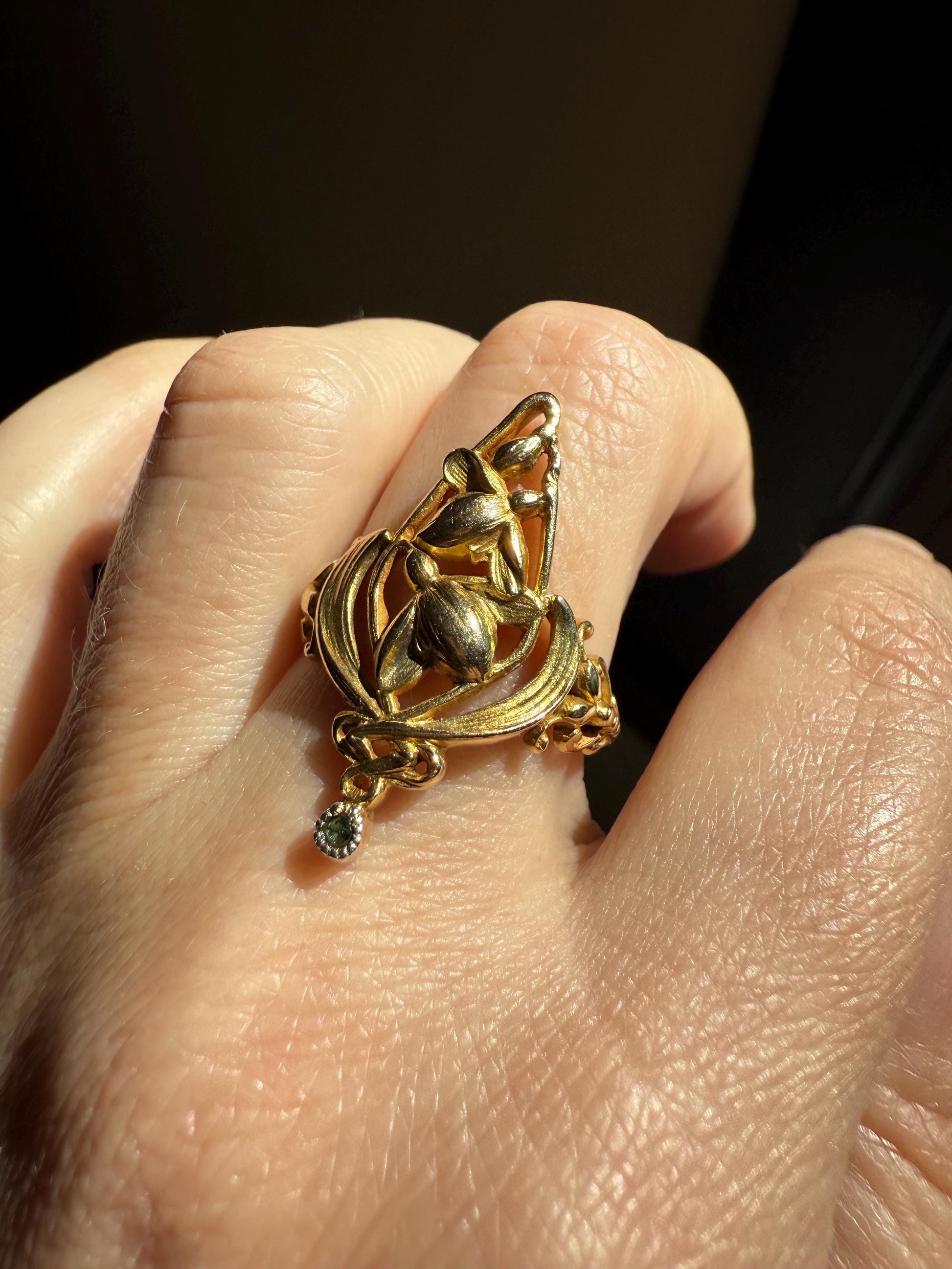Delicious Floral French Art NOUVEAU Antique Belle Epoque Rose SWIRL Whiplash 18k Gold Ring Snowdrops Crocus Cyclamen Large 1.1" Love Gift