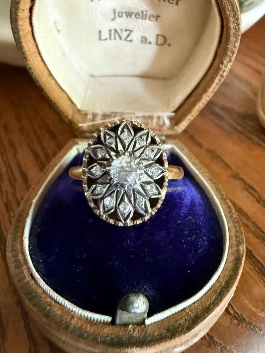 Georgian Era Antique Spanish Iberian Rose Cut Diamond Ring Oval Floral Sunburst Cupped Domed Back 18k Gold Silver