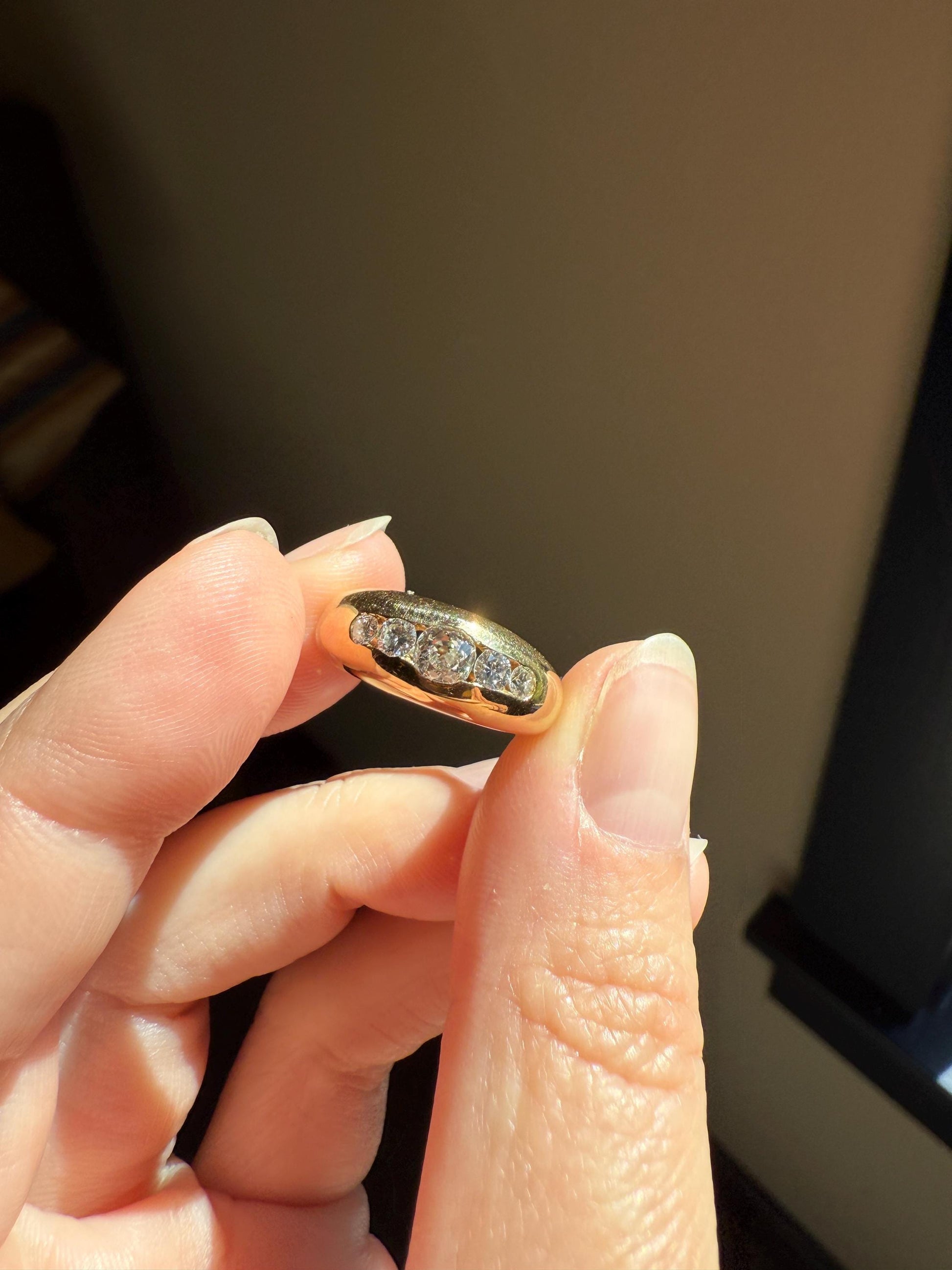 French Vintage .6 Carat Five Stone Ring Antique Old Mine Cut DIAMOND Center Wide Band 18k Gold Solid Stacker Chunky Domed Love Gift OmC