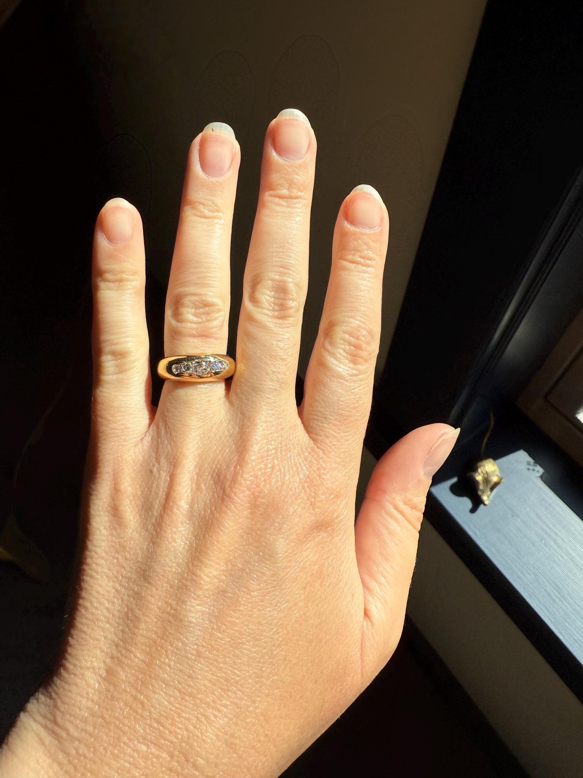 French Vintage .6 Carat Five Stone Ring Antique Old Mine Cut DIAMOND Center Wide Band 18k Gold Solid Stacker Chunky Domed Love Gift OmC