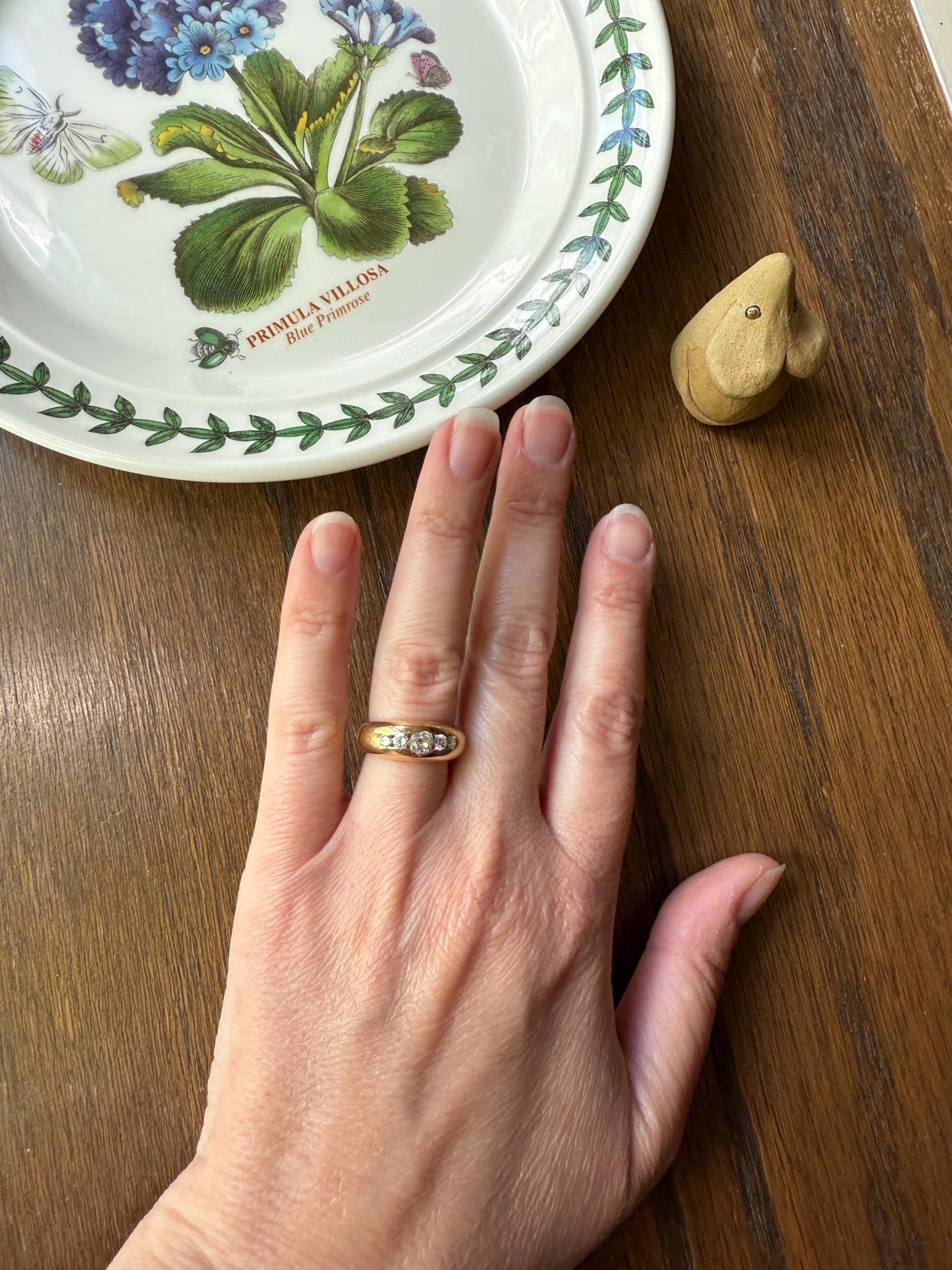 French Vintage .6 Carat Five Stone Ring Antique Old Mine Cut DIAMOND Center Wide Band 18k Gold Solid Stacker Chunky Domed Love Gift OmC