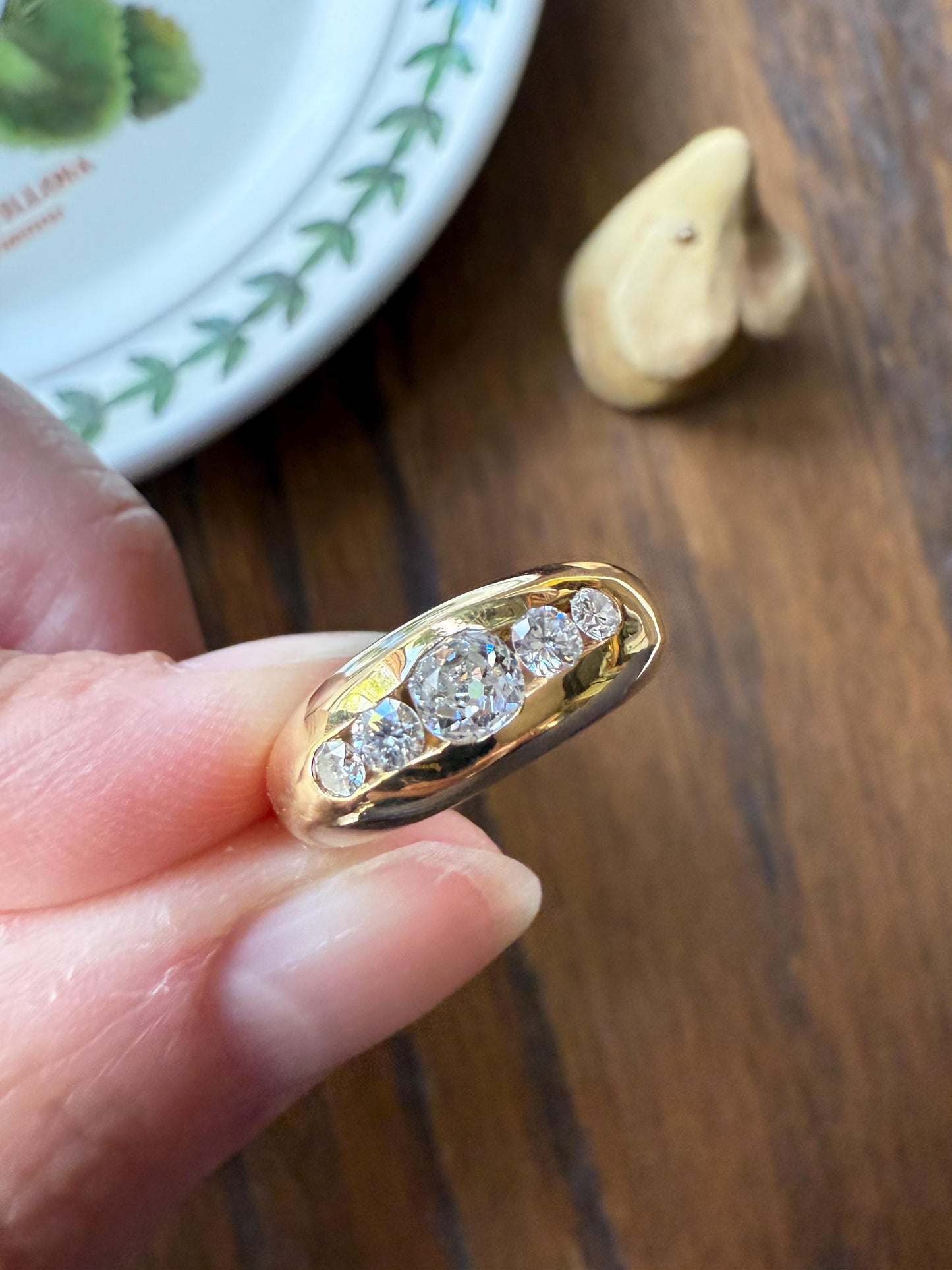 French Vintage .6 Carat Five Stone Ring Antique Old Mine Cut DIAMOND Center Wide Band 18k Gold Solid Stacker Chunky Domed Love Gift OmC