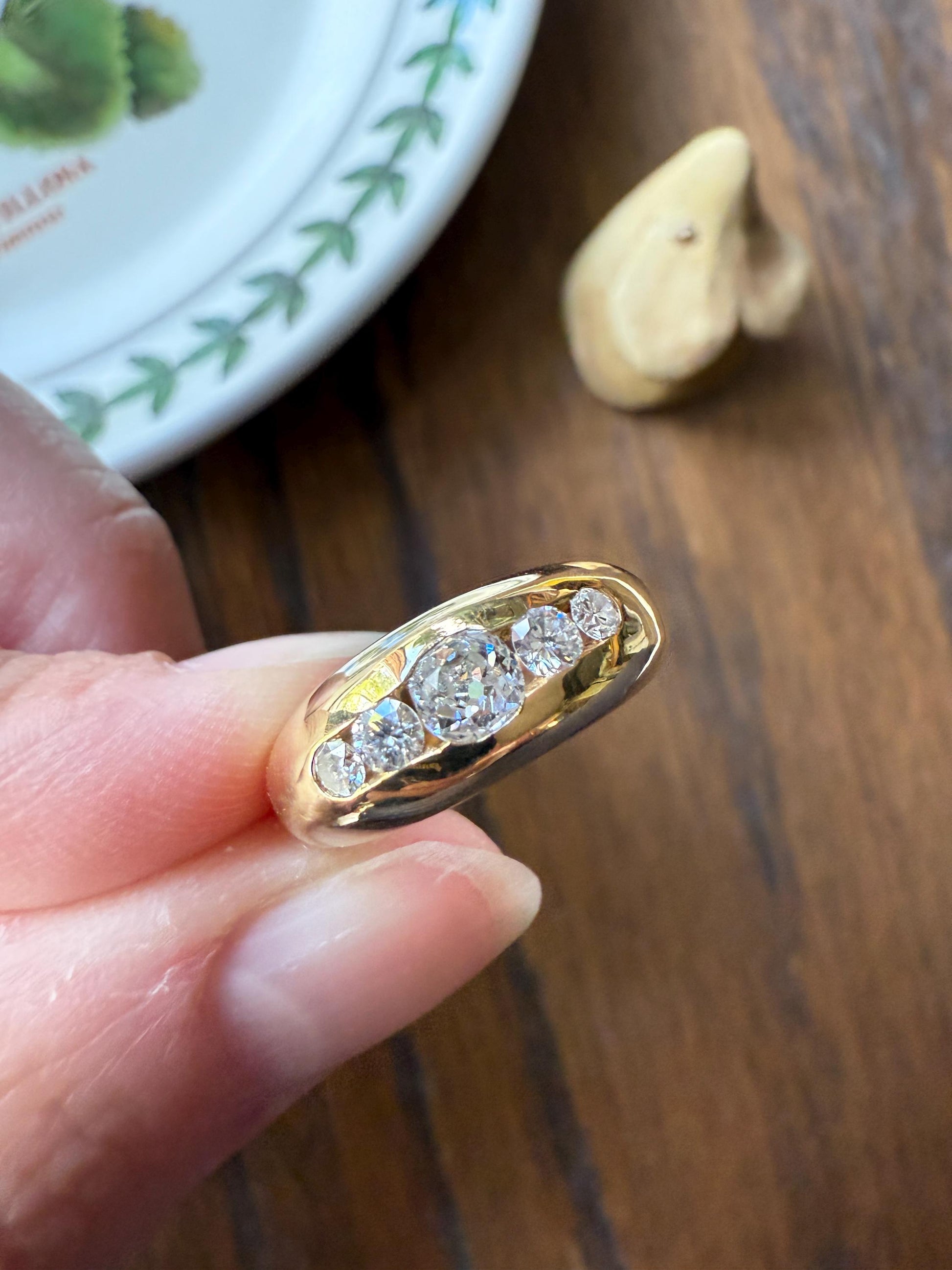 French Vintage .6 Carat Five Stone Ring Antique Old Mine Cut DIAMOND Center Wide Band 18k Gold Solid Stacker Chunky Domed Love Gift OmC