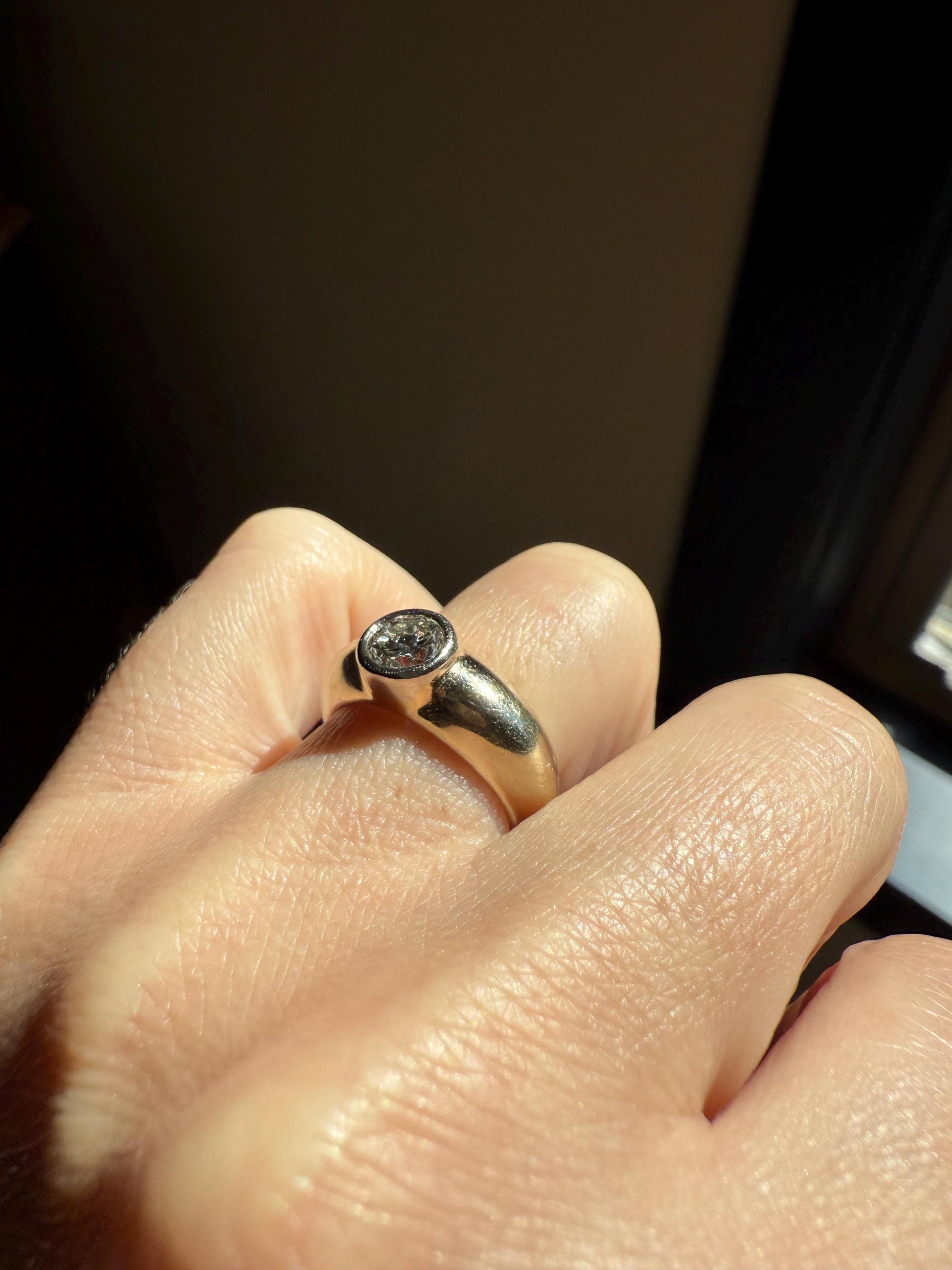 Vintage .73 Carat Transitional Cut DIAMOND Bezel Set Ring Stacker Band 18k Gold Pale Yellow Solitaire Geometric Engagement Romantic Gift