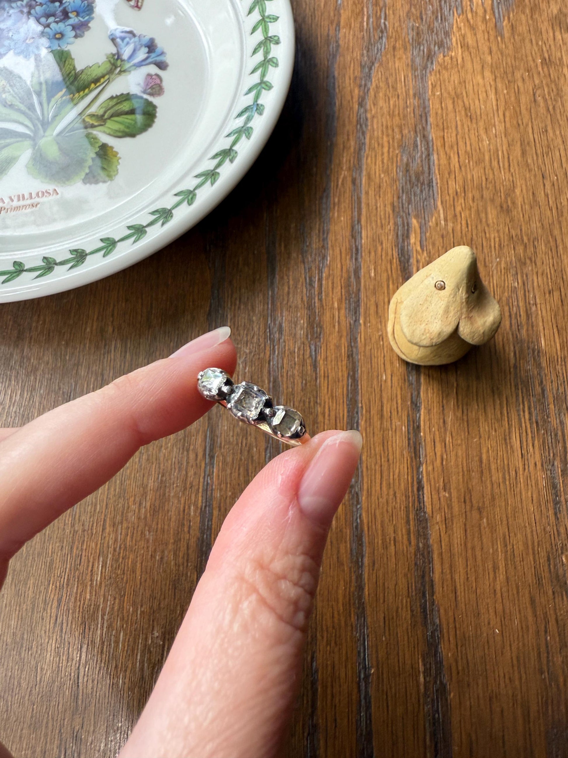 Table Cut DIAMOND Three Stone Stacker Band Antique 18k Gold Five Stone Ring Half Hoop Stacker Gift Foil Silver Collet Georgian Victorian