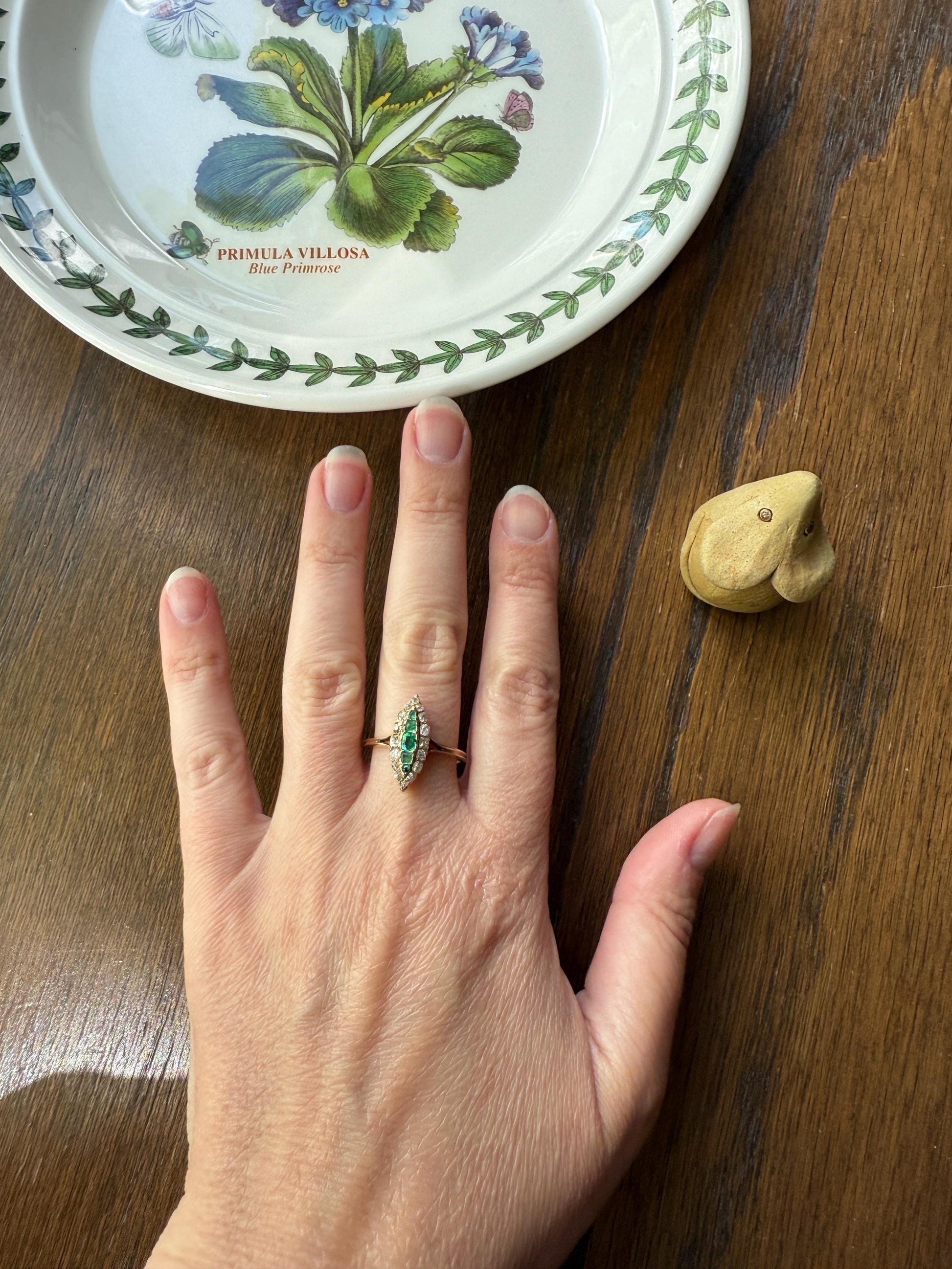 Emerald Five Stone Antique Old Mine Cut DIAMOND Halo Navette Ring 18k Gold Skinny Green Sparkle Stacker Victorian Romantic Gift Linear OMC