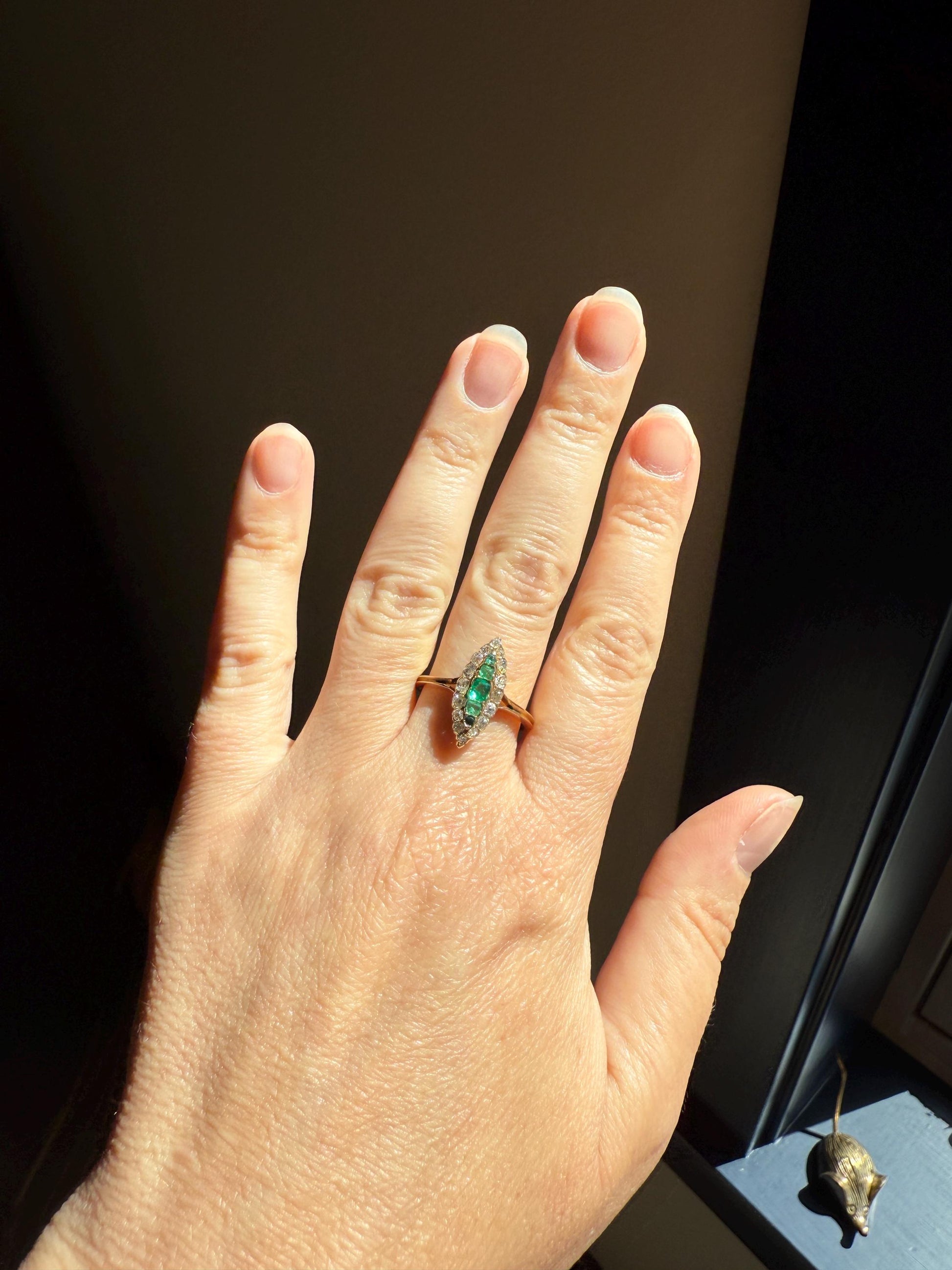 Emerald Five Stone Antique Old Mine Cut DIAMOND Halo Navette Ring 18k Gold Skinny Green Sparkle Stacker Victorian Romantic Gift Linear OMC