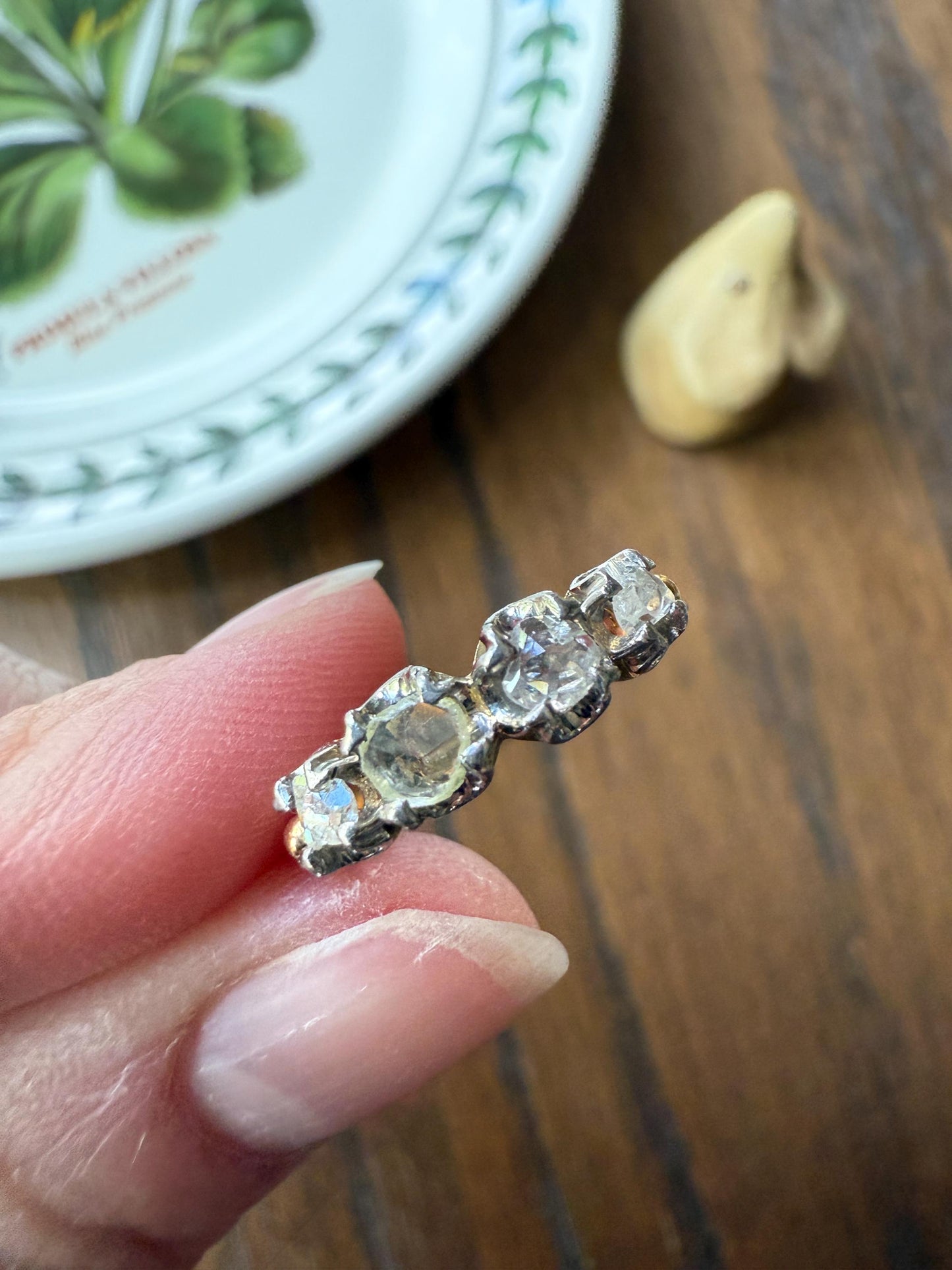 Unique Four Stone Rose Cut Diamond Antique Victorian Stacker Ring 18k Gold Skinny Band Half Hoop Ball Rivet Open Back Sparkle
