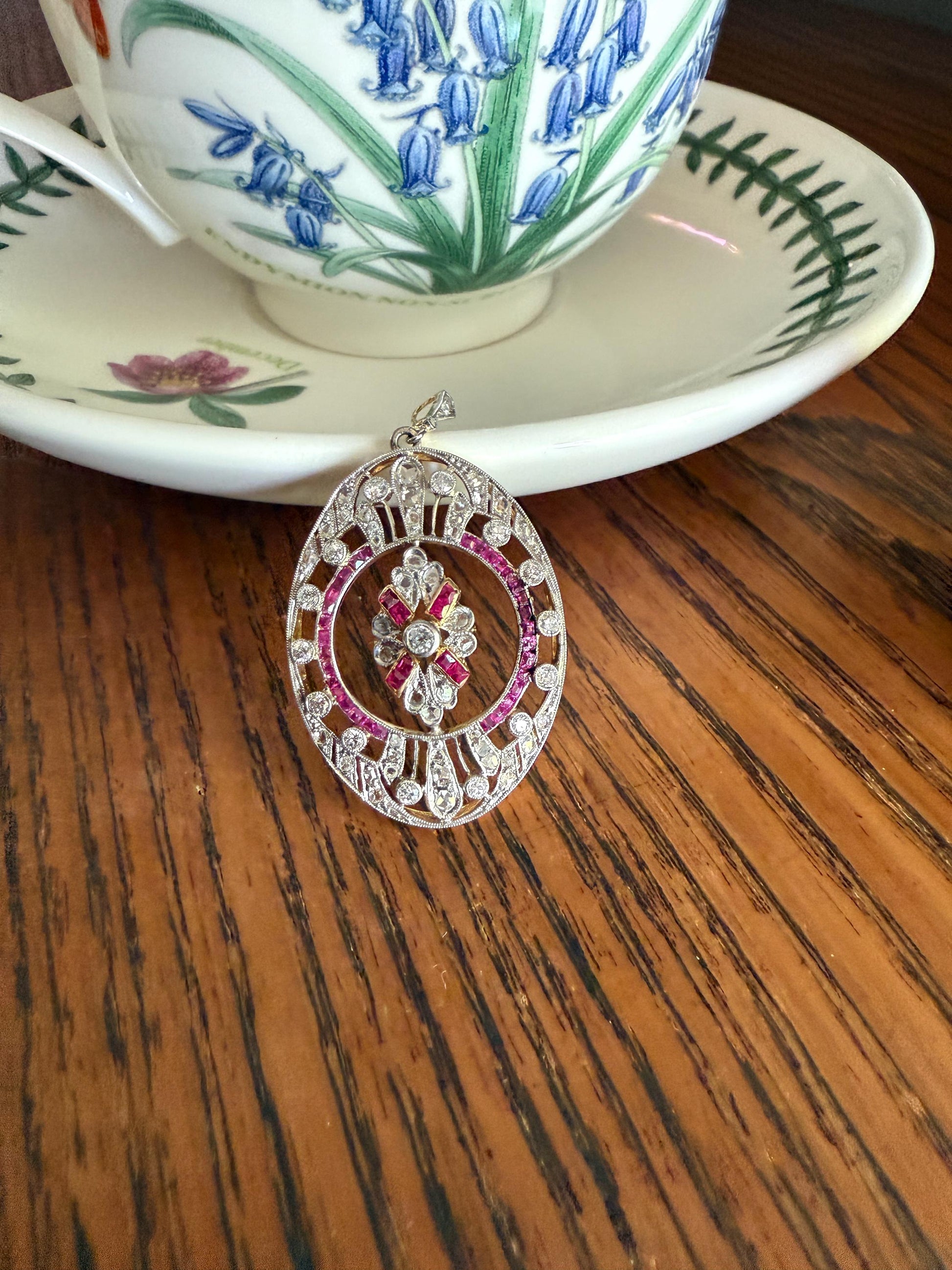 XL French Edwardian Ruby 1.75 Carat Old Mine Rose Cut DIAMOND Oval Pendant Open Work Medallion Pink Carre Cut Halo Ornate Sparkle 1 3/4 OMC