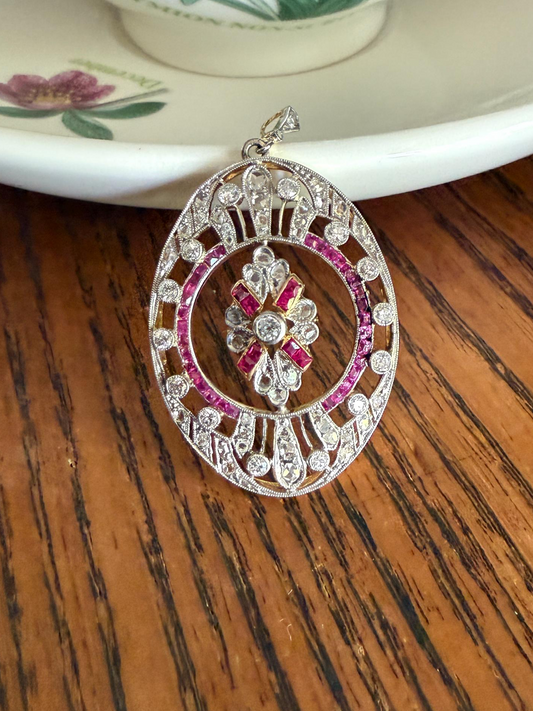 XL French Edwardian Ruby 1.75 Carat Old Mine Rose Cut DIAMOND 18k Gold Oval Pendant Open Work Medallion Pink Carre Cut Halo