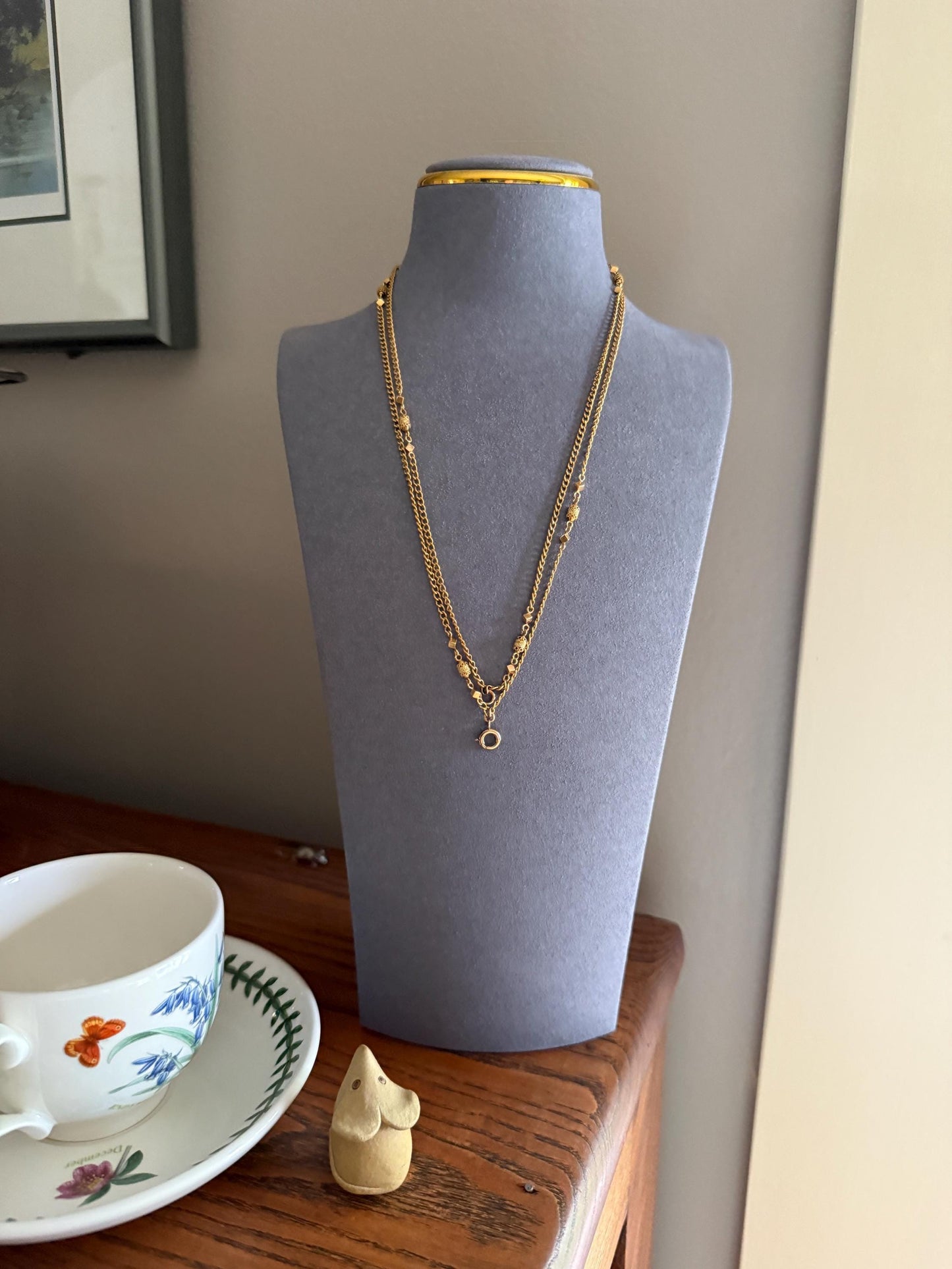 CUBE & Tricolor Oval French VICTORIAN Green 18k Gold 11.2g Extra Long Guard Cable Link Muff Double Chain Necklace Pendant Holder Bracelet
