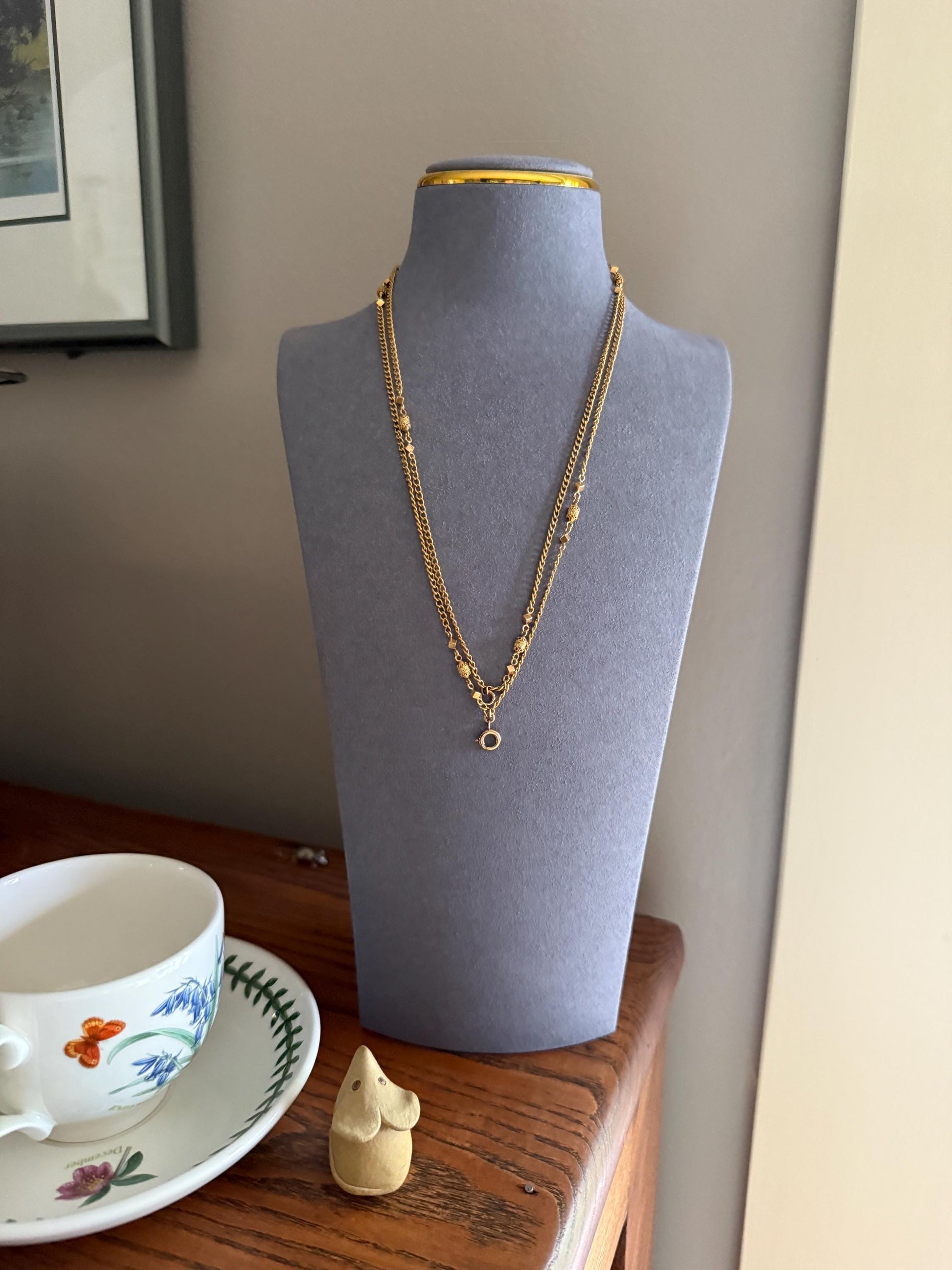 CUBE & Tricolor Oval French VICTORIAN Green 18k Gold 11.2g Extra Long Guard Cable Link Muff Double Chain Necklace Pendant Holder Bracelet