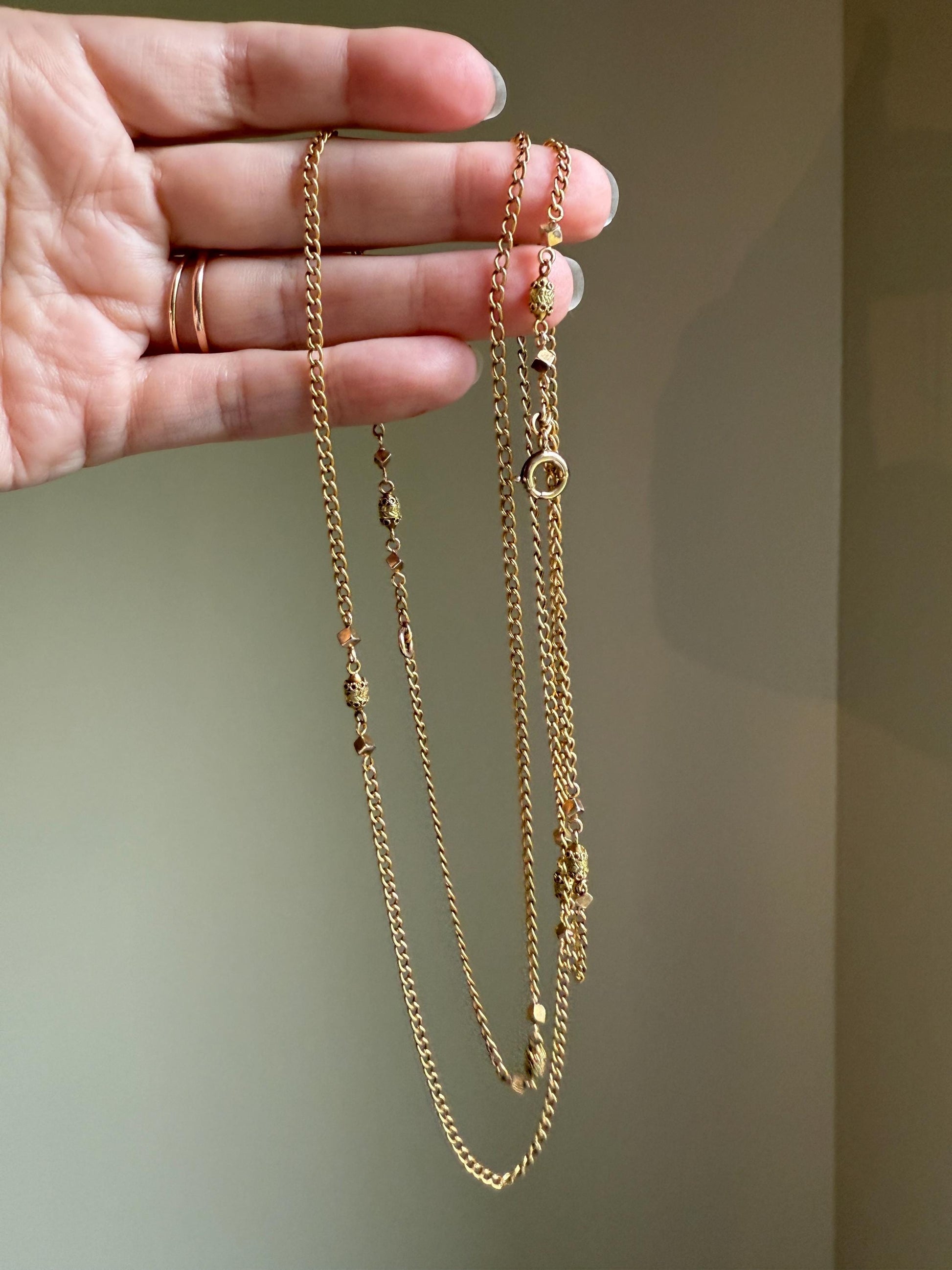 CUBE & Tricolor Oval French VICTORIAN Green 18k Gold 11.2g Extra Long Guard Cable Link Muff Double Chain Necklace Pendant Holder Bracelet