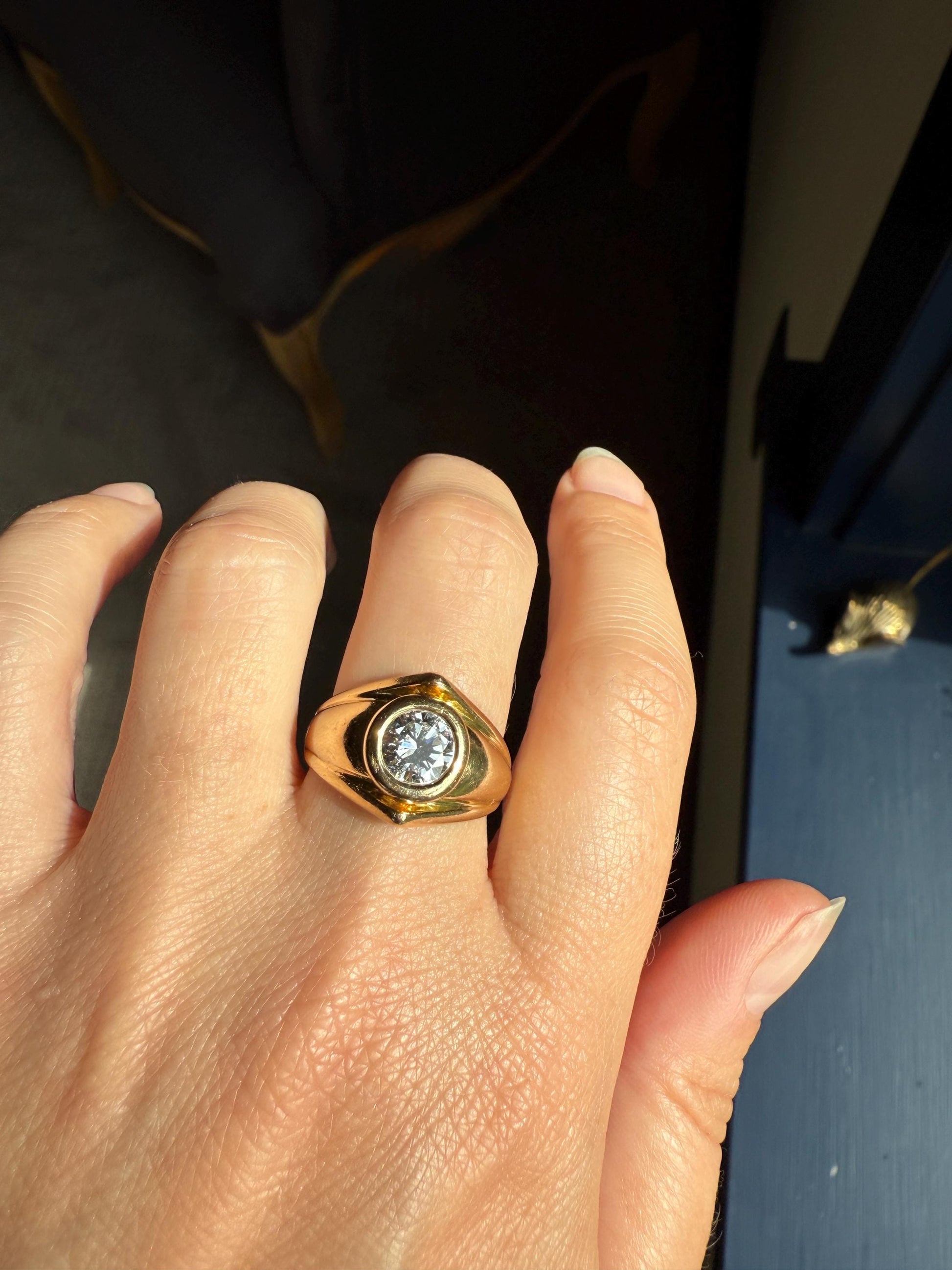 Vintage 1 Carat VVS1 A+ Quality DIAMOND Chevron Ring With DATED RECEIPT French 18k Gold Unisex Gypsy Solitaire Chunky Wide Band Stacker
