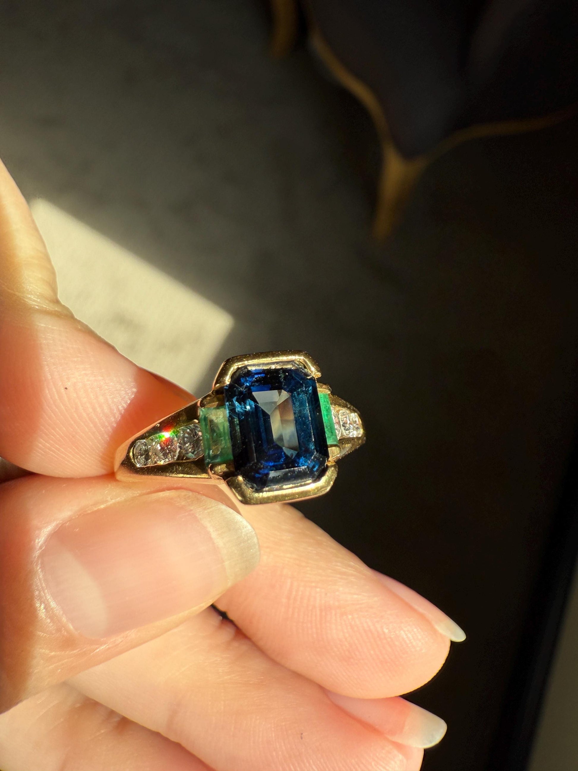 Vintage Rectangular Sapphire Emerald Diamond Ring French 18k Gold Band Retro Stacker Blue Green Sparkle Unisex Gift