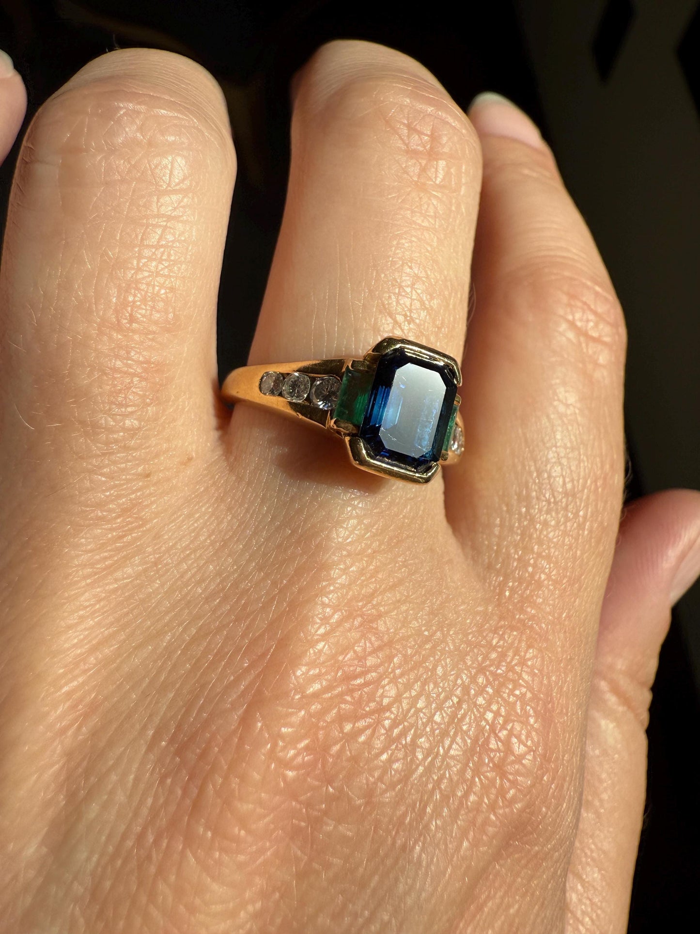 Vintage Rectangular Sapphire Emerald Diamond Ring French 18k Gold Band Retro Stacker Blue Green Sparkle Unisex Gift