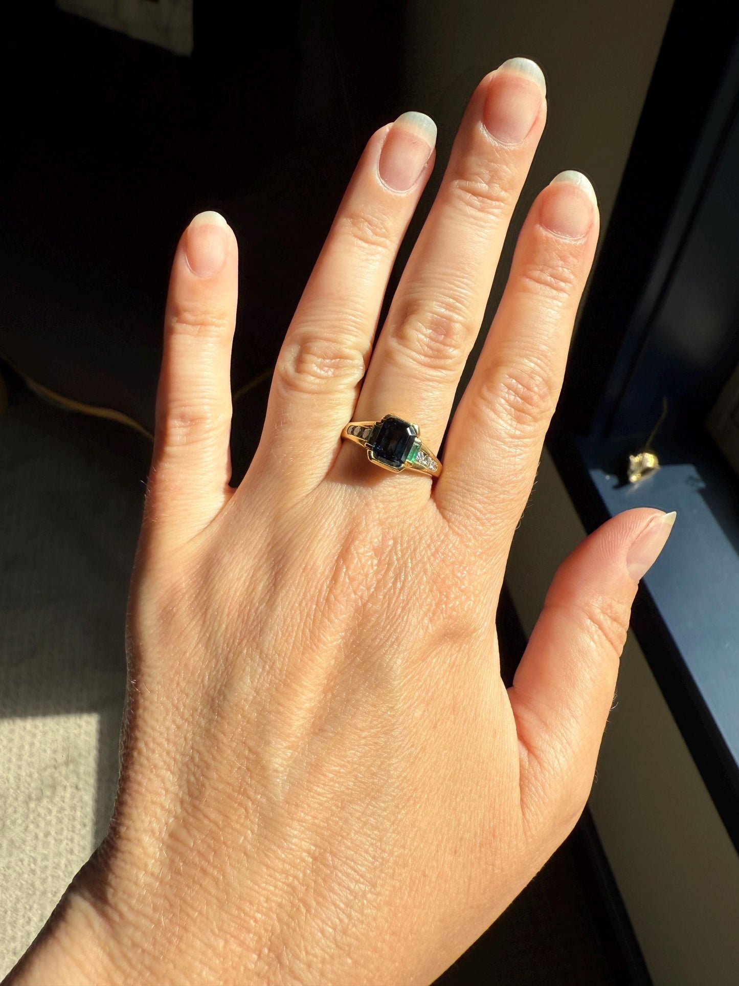 Vintage Rectangular Sapphire Emerald Diamond Ring French 18k Gold Band Retro Stacker Blue Green Sparkle Unisex Gift