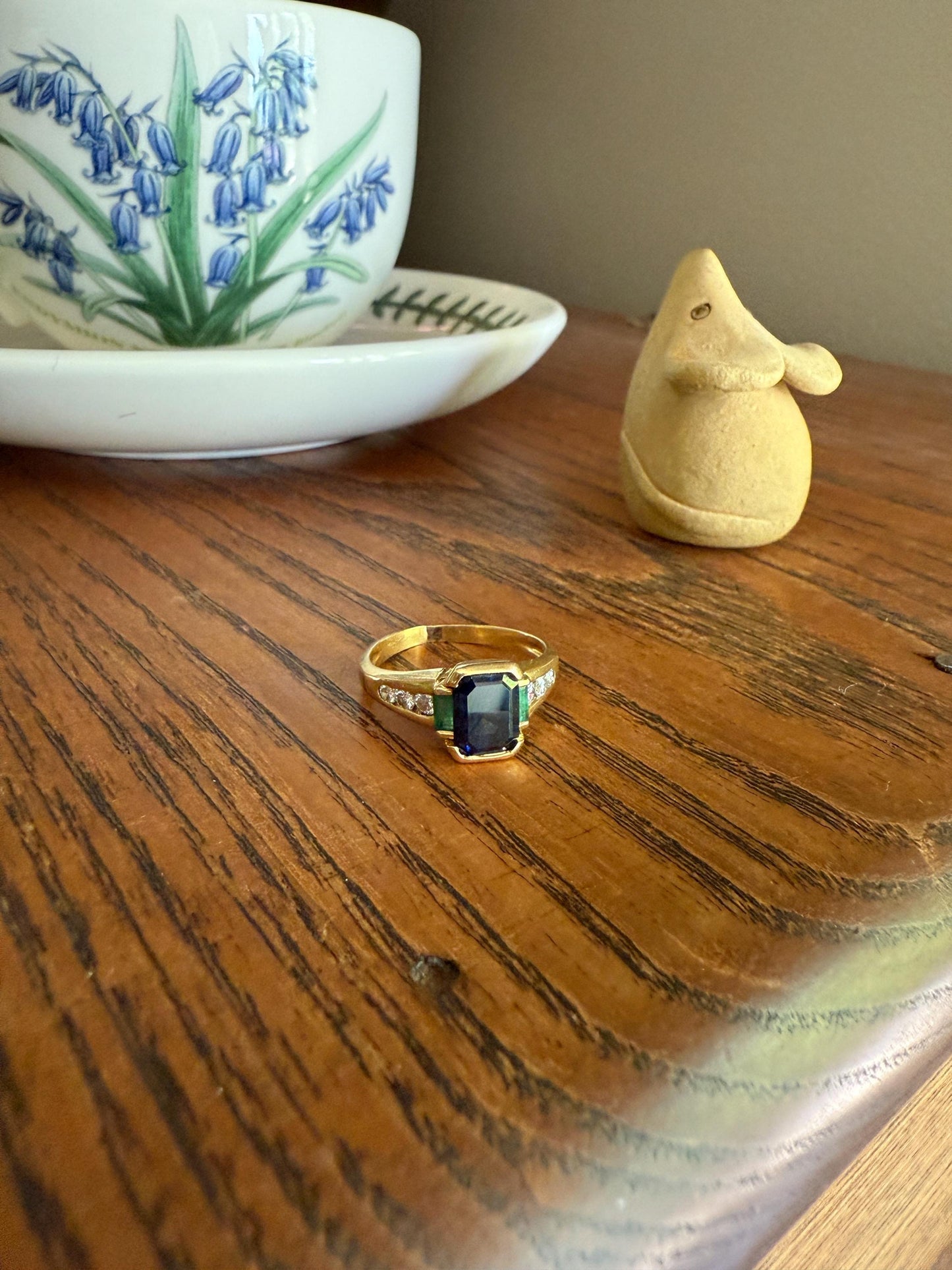 Vintage Rectangular Sapphire Emerald Diamond Ring French 18k Gold Band Retro Stacker Blue Green Sparkle Unisex Gift