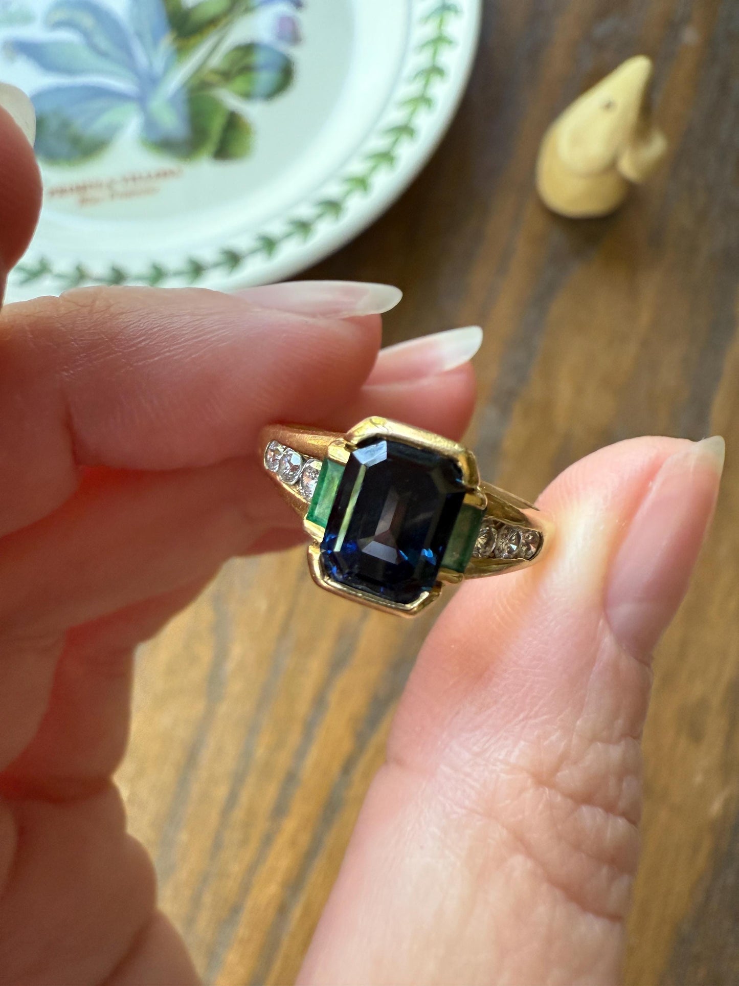 Vintage Rectangular Sapphire Emerald Diamond Ring French 18k Gold Band Retro Stacker Blue Green Sparkle Unisex Gift
