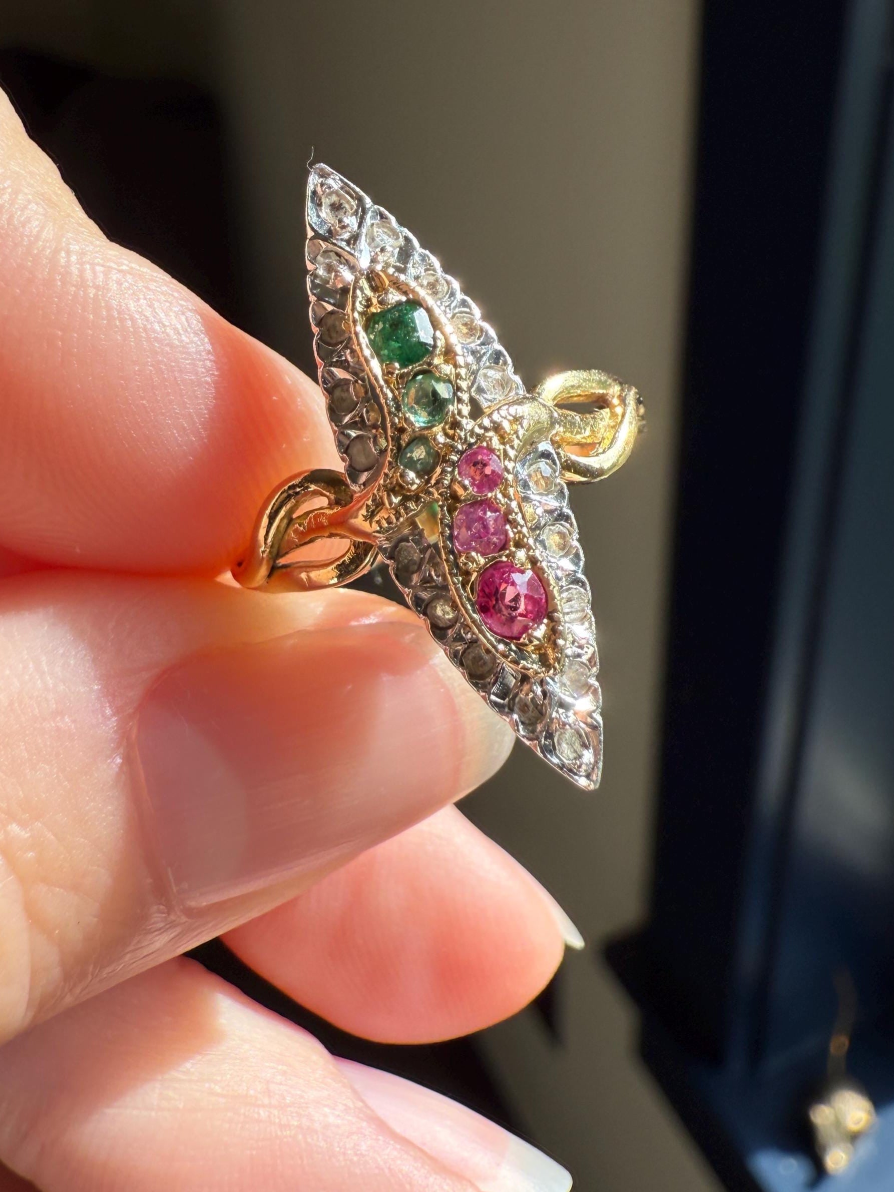 Double SNAKES Antique Ring Ruby Emerald Rose Cut DIAMOND Halo Navette Ring 18k Gold Platinum Red Green Sparkle Stacker Victorian Love Gift
