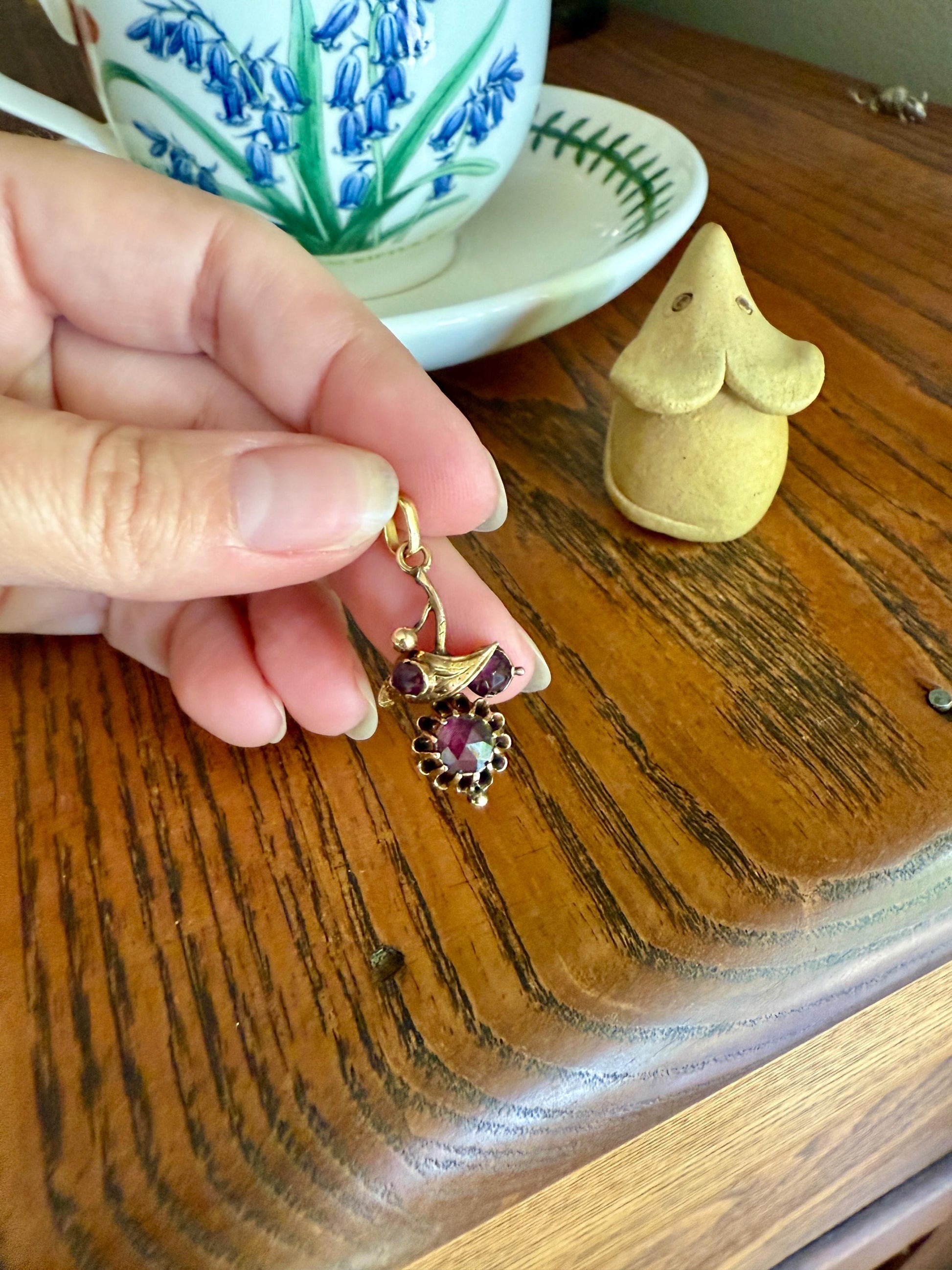 FLORAL Leaf Victorian French Perpignan GARNET Pendant Charm Dangle Pendant 18k Gold Rose Cut Closed Back Almandine Glowing Purple Pink Leaf
