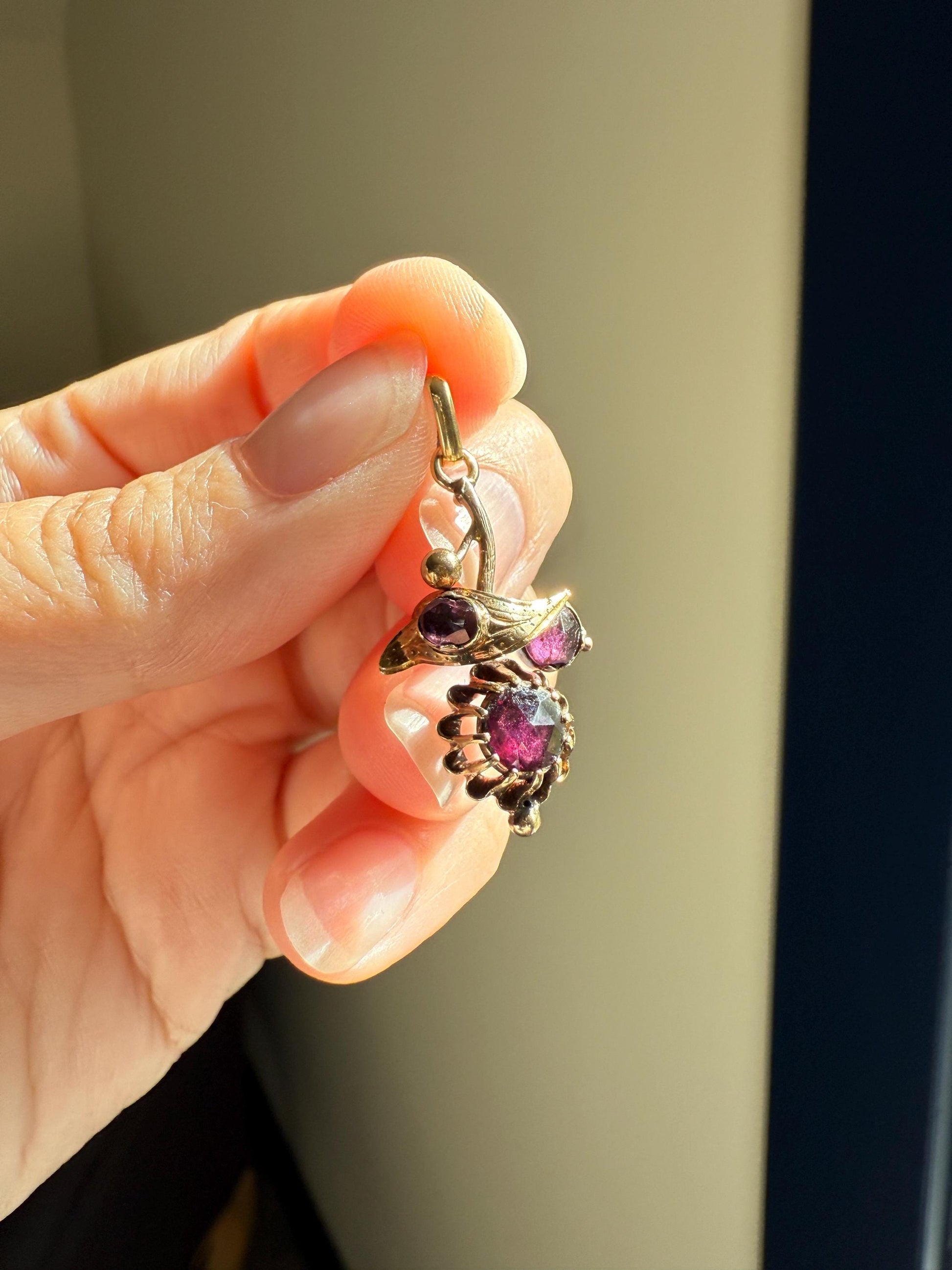 FLORAL Leaf Victorian French Perpignan GARNET Pendant Charm Dangle Pendant 18k Gold Rose Cut Closed Back Almandine Glowing Purple Pink Leaf