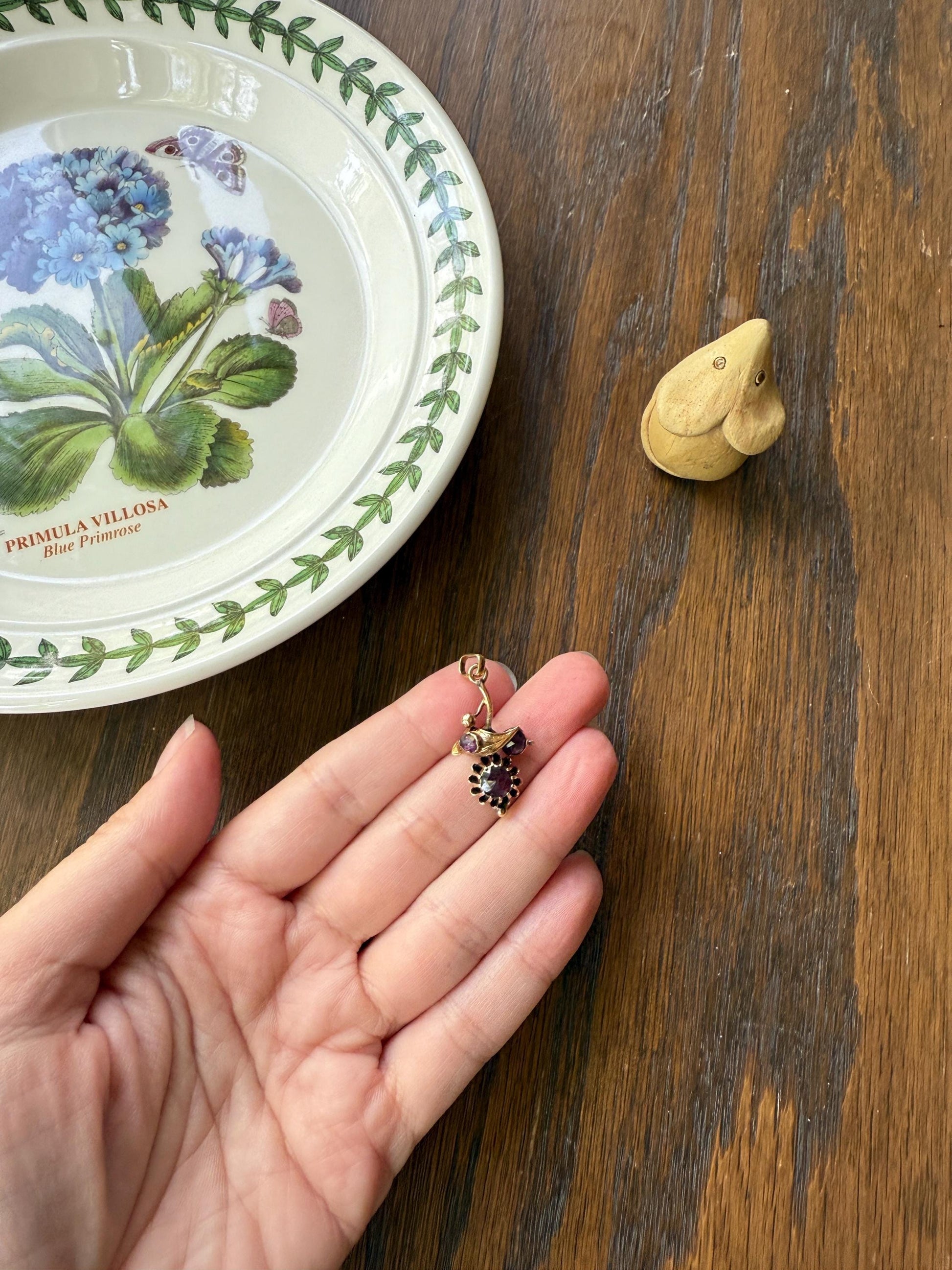 FLORAL Leaf Victorian French Perpignan GARNET Pendant Charm Dangle Pendant 18k Gold Rose Cut Closed Back Almandine Glowing Purple Pink Leaf