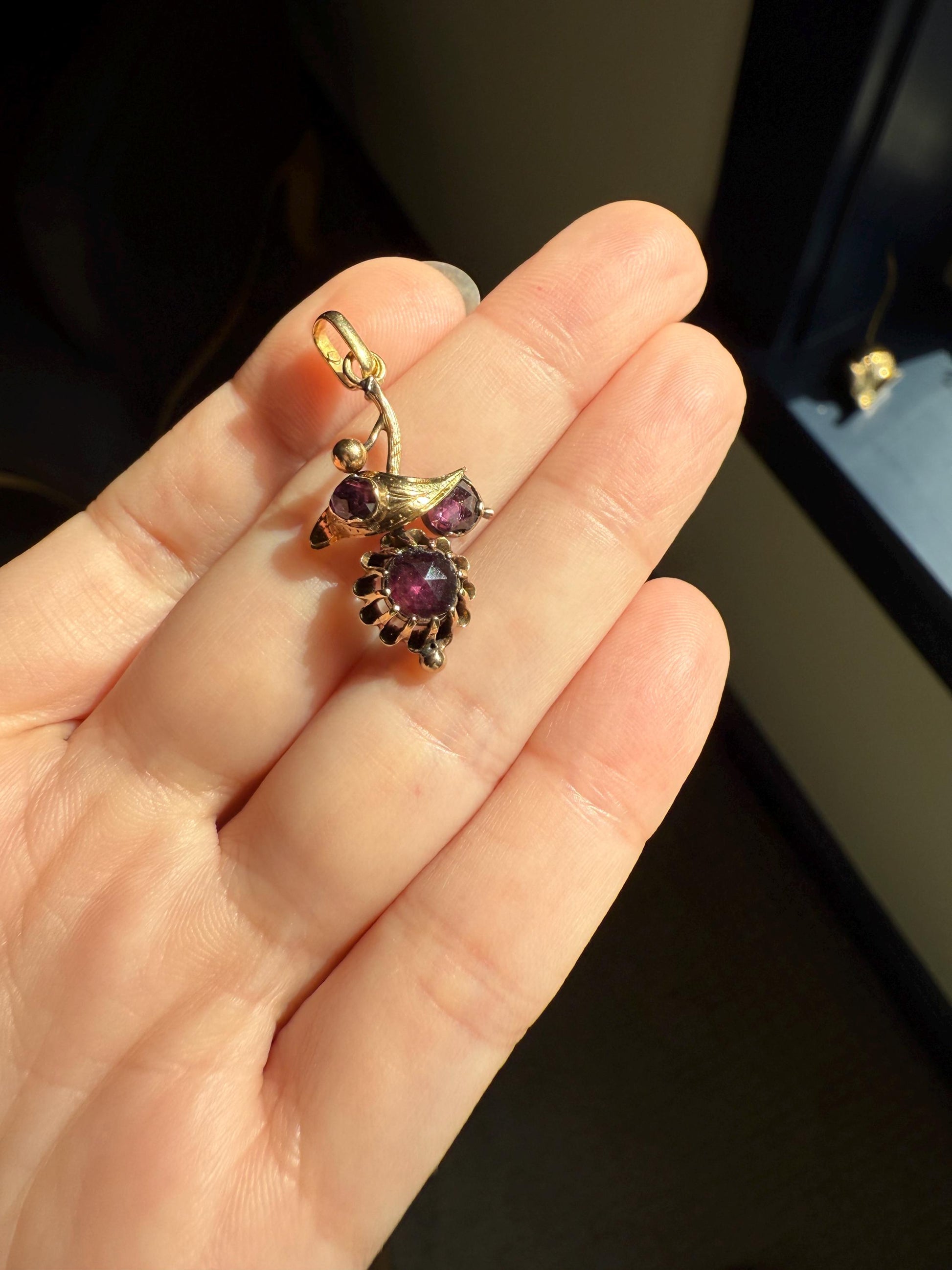 FLORAL Leaf Victorian French Perpignan GARNET Pendant Charm Dangle Pendant 18k Gold Rose Cut Closed Back Almandine Glowing Purple Pink Leaf